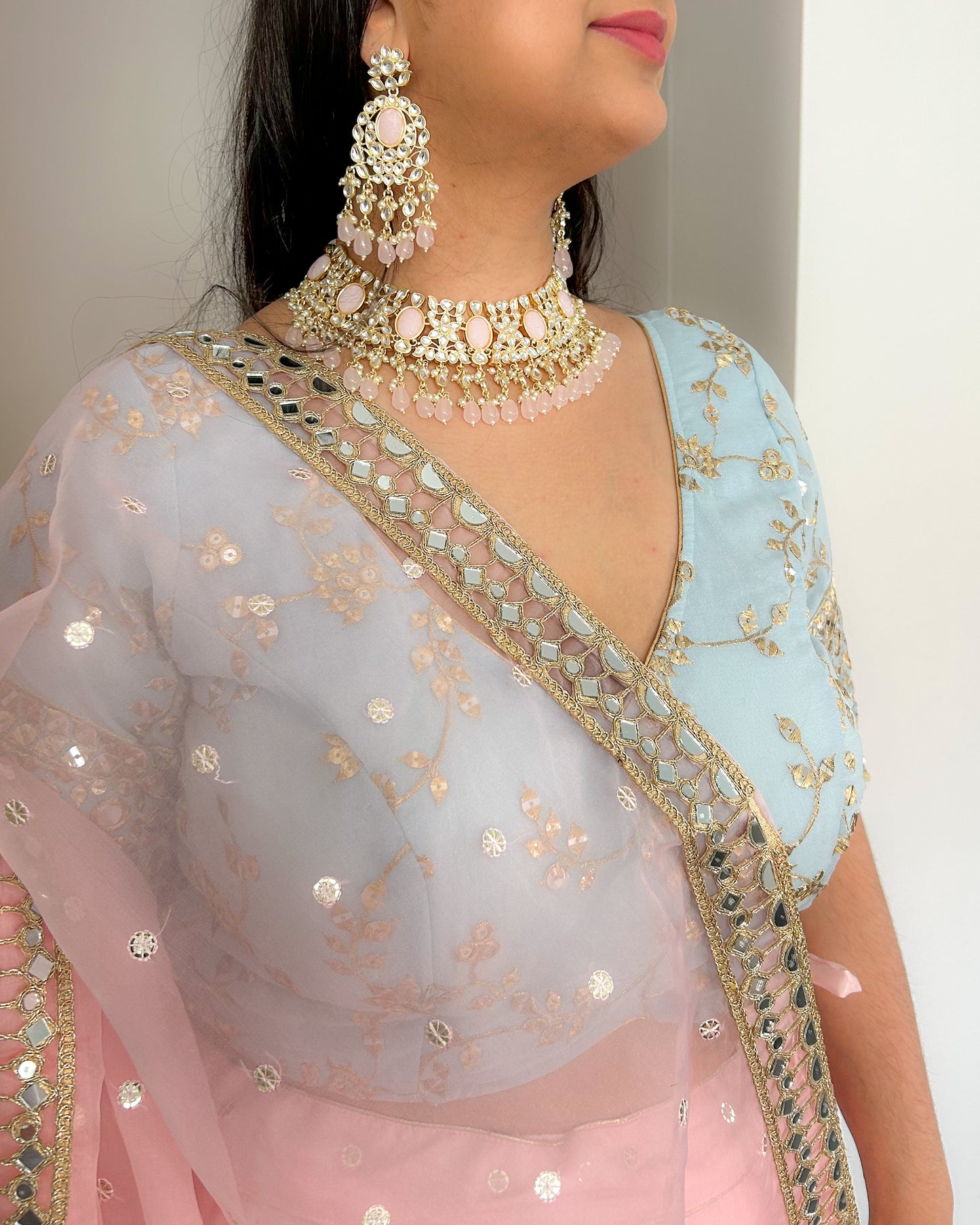 Pink Lehenga  with Powder Blue Blouse and Organza Dupatta