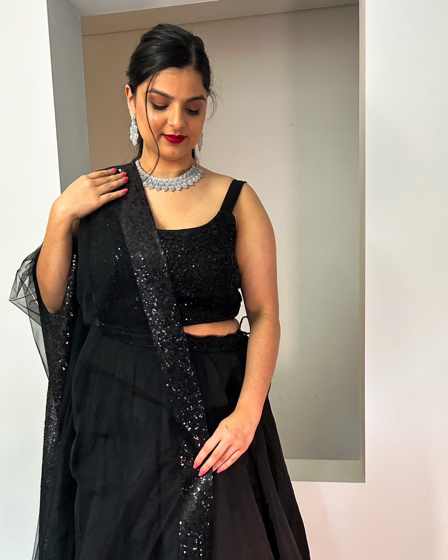 Black Lehenga with Black Sequin Blouse and Net Dupatta