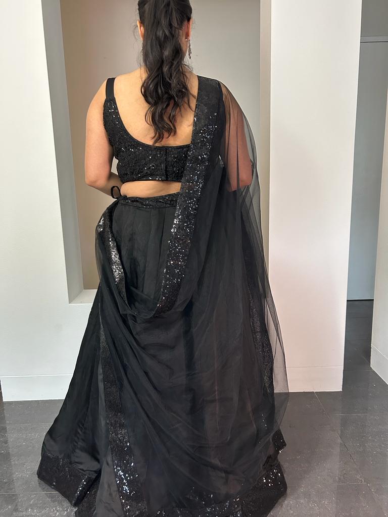 Black Lehenga with Black Sequin Blouse and Net Dupatta