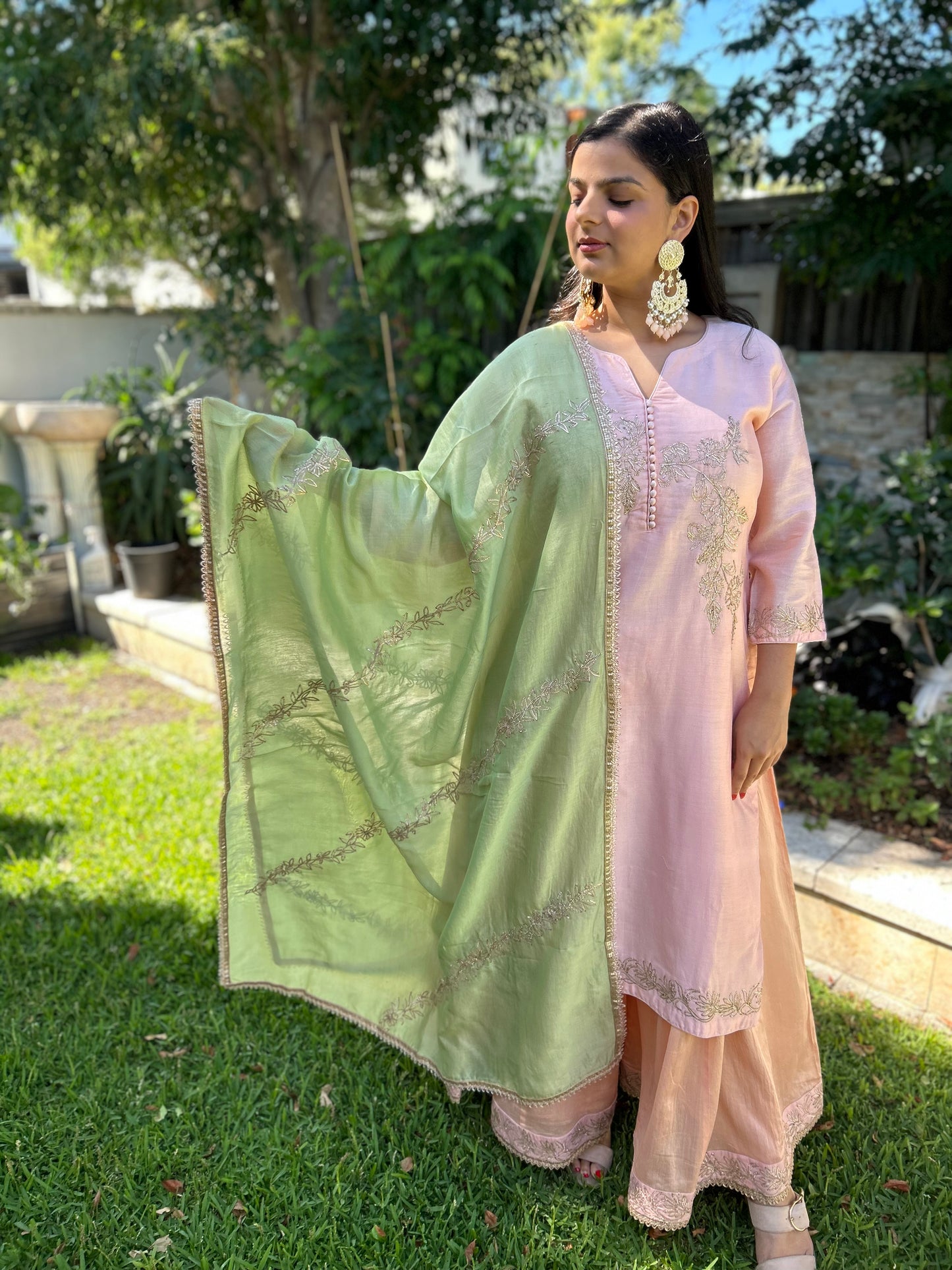 Pink Sharara suit with Mint Green Dupatta (Customisable)