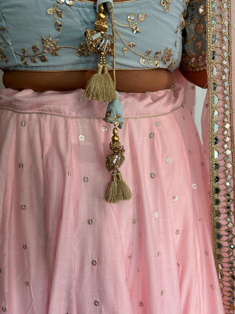 Pink Lehenga  with Powder Blue Blouse and Organza Dupatta