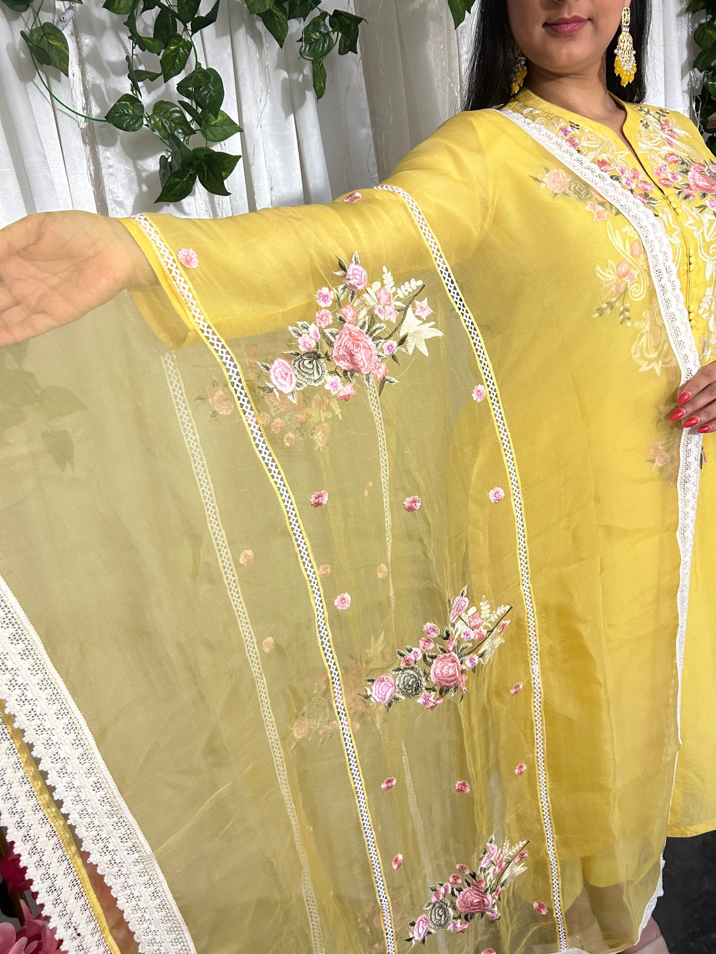 Yellow Embroidery Suit with straight pants and embroidery  Dupatta (Customisable)
