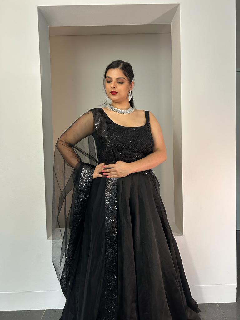 Black Lehenga with Black Sequin Blouse and Net Dupatta