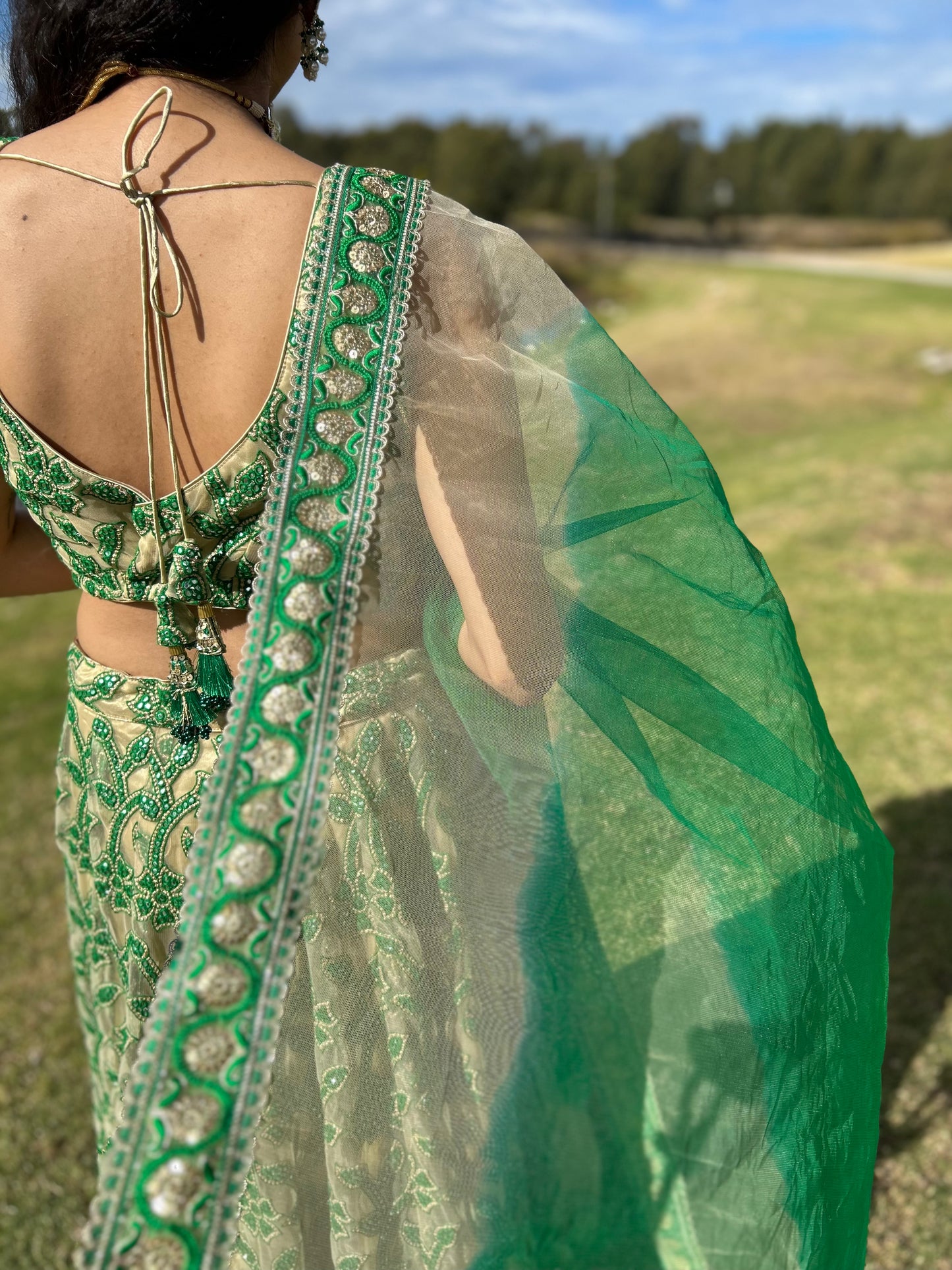 Green and Beige Net Lehenga with Blouse and Net Dupatta