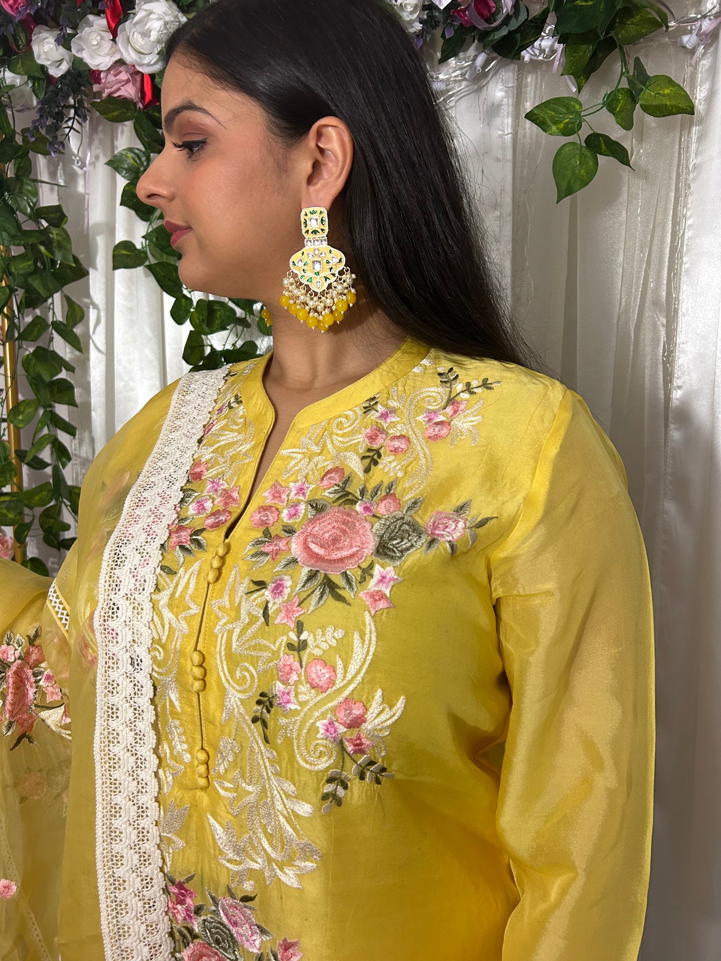 Yellow Embroidery Suit with straight pants and embroidery  Dupatta (Customisable)