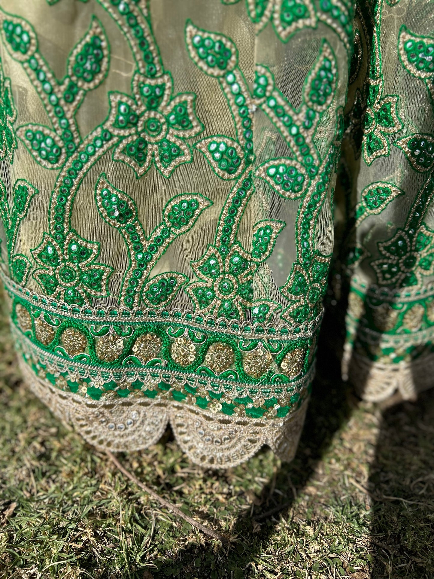 Green and Beige Net Lehenga with Blouse and Net Dupatta