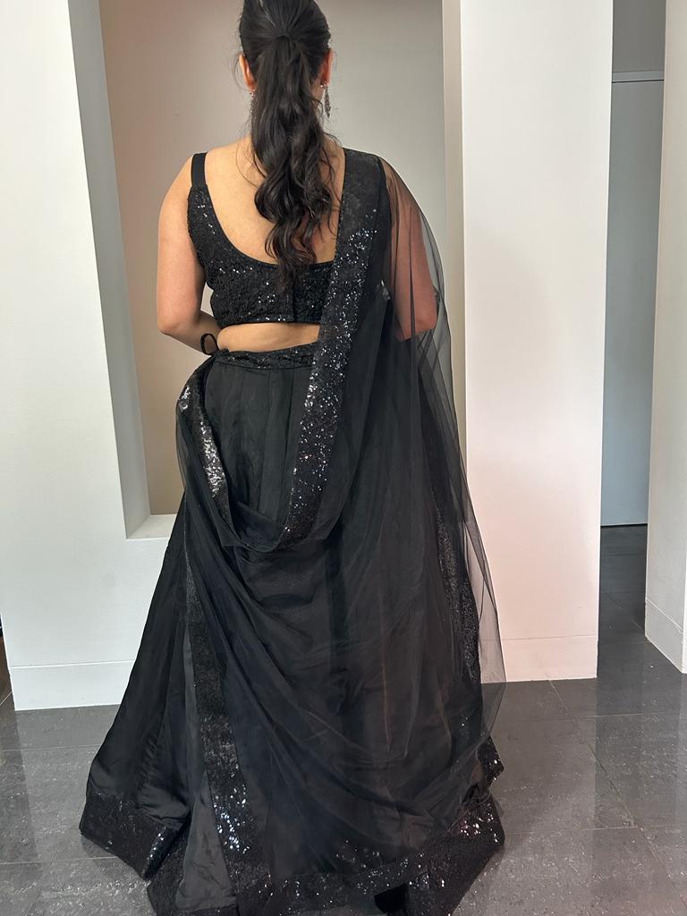 Black Lehenga with Black Sequin Blouse and Net Dupatta