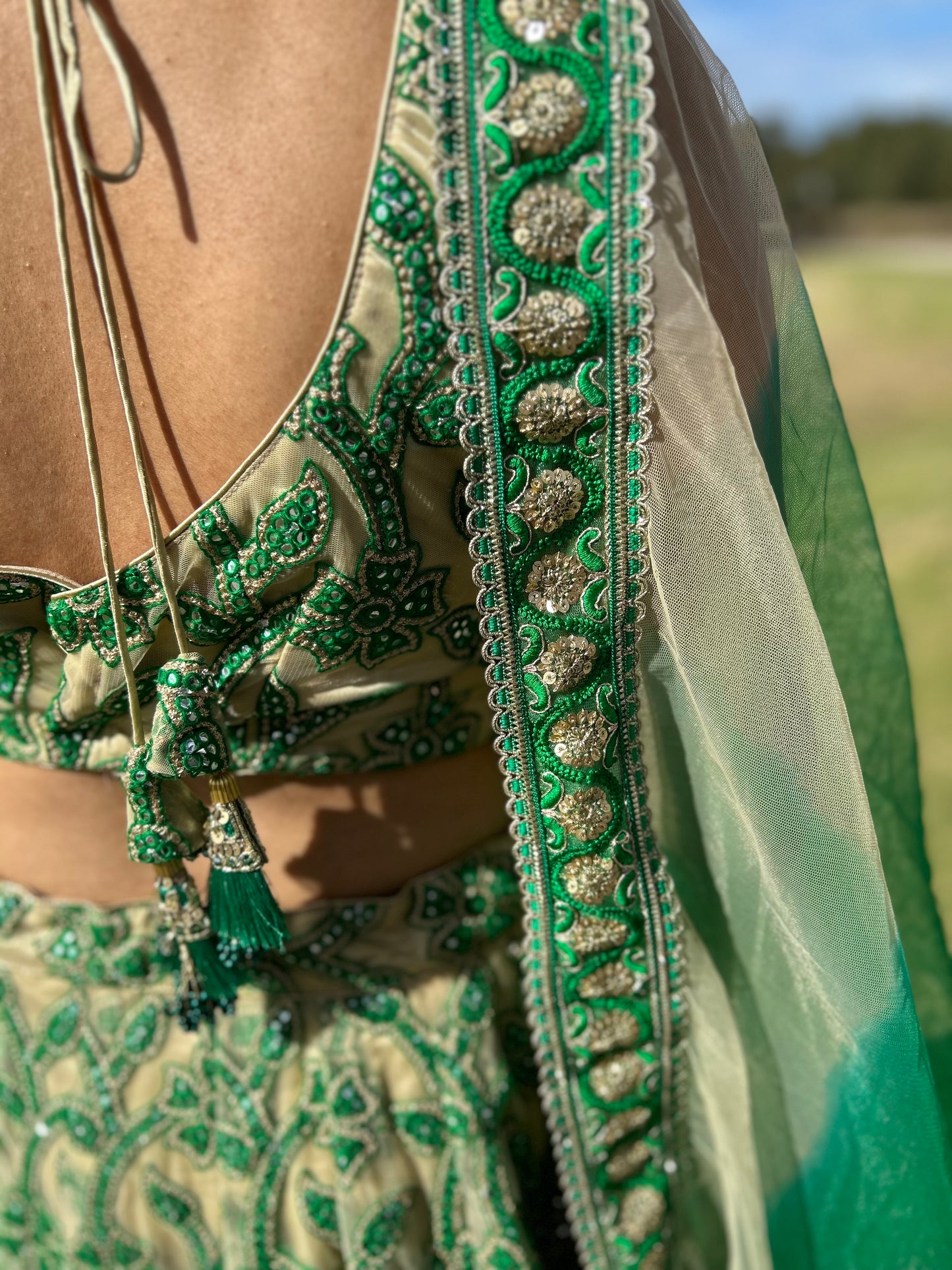 Green and Beige Net Lehenga with Blouse and Net Dupatta