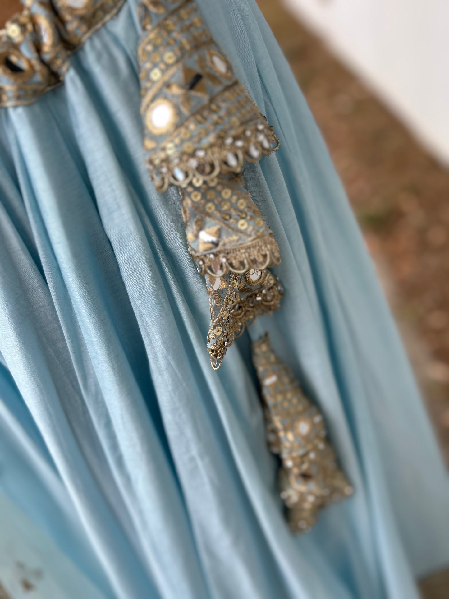 Powder Blue Lehenga with heavy Blouse and Net Dupatta