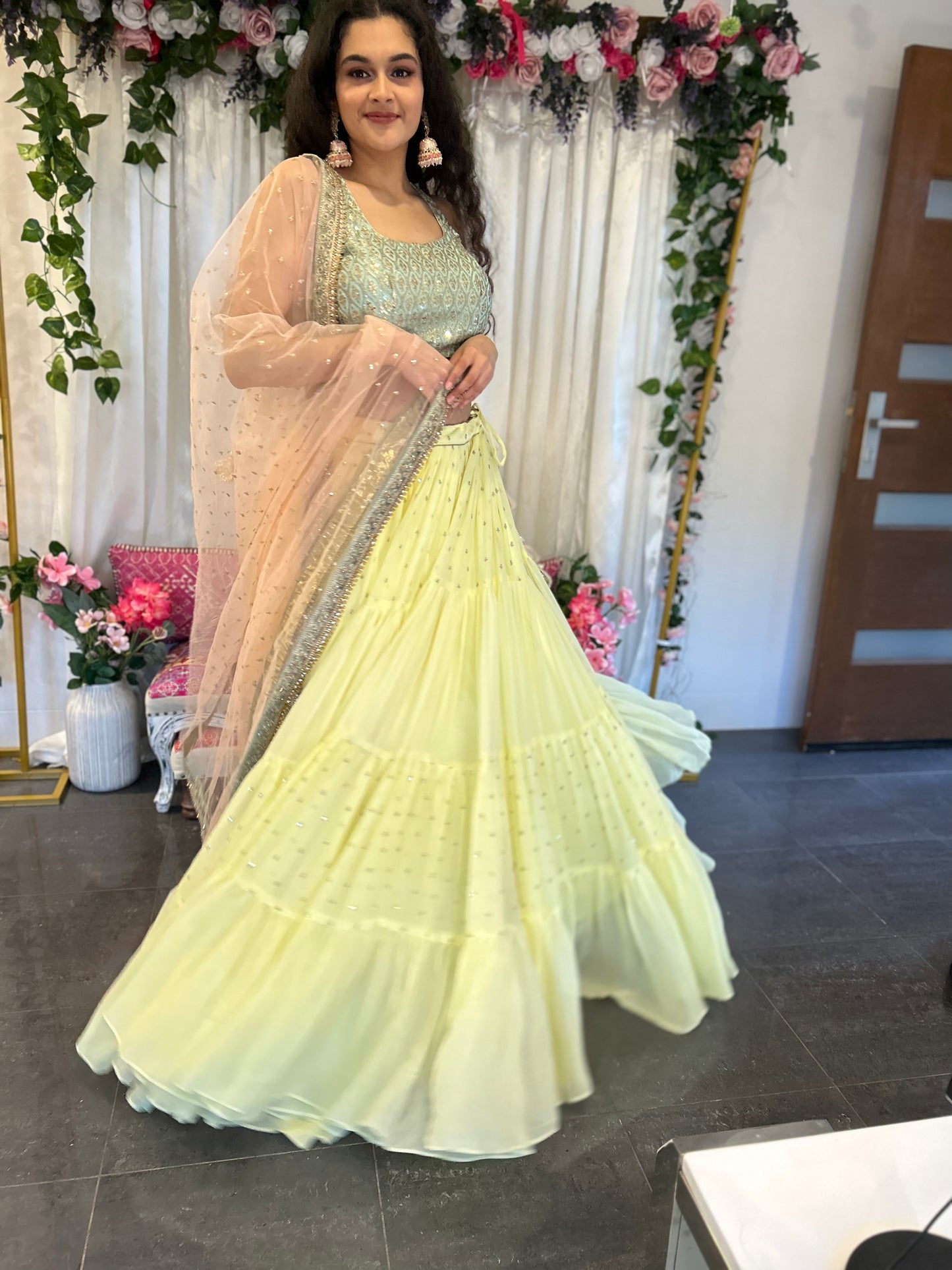 Light Lemon Layered Lehenga with Heavy blouse and Net Dupatta