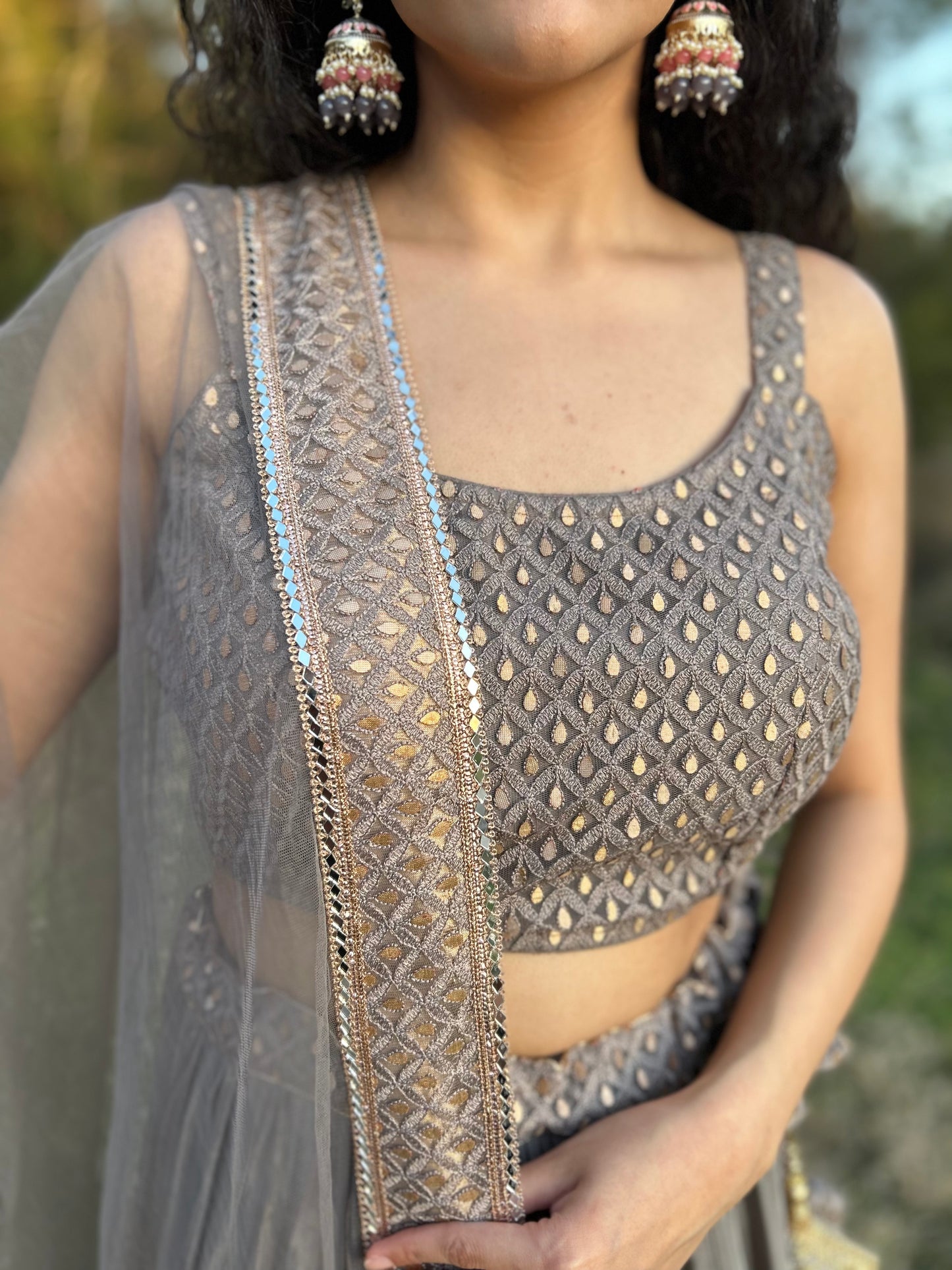 Taupe Colour Layered Lehenga with Heavy Blouse and Net Dupatta