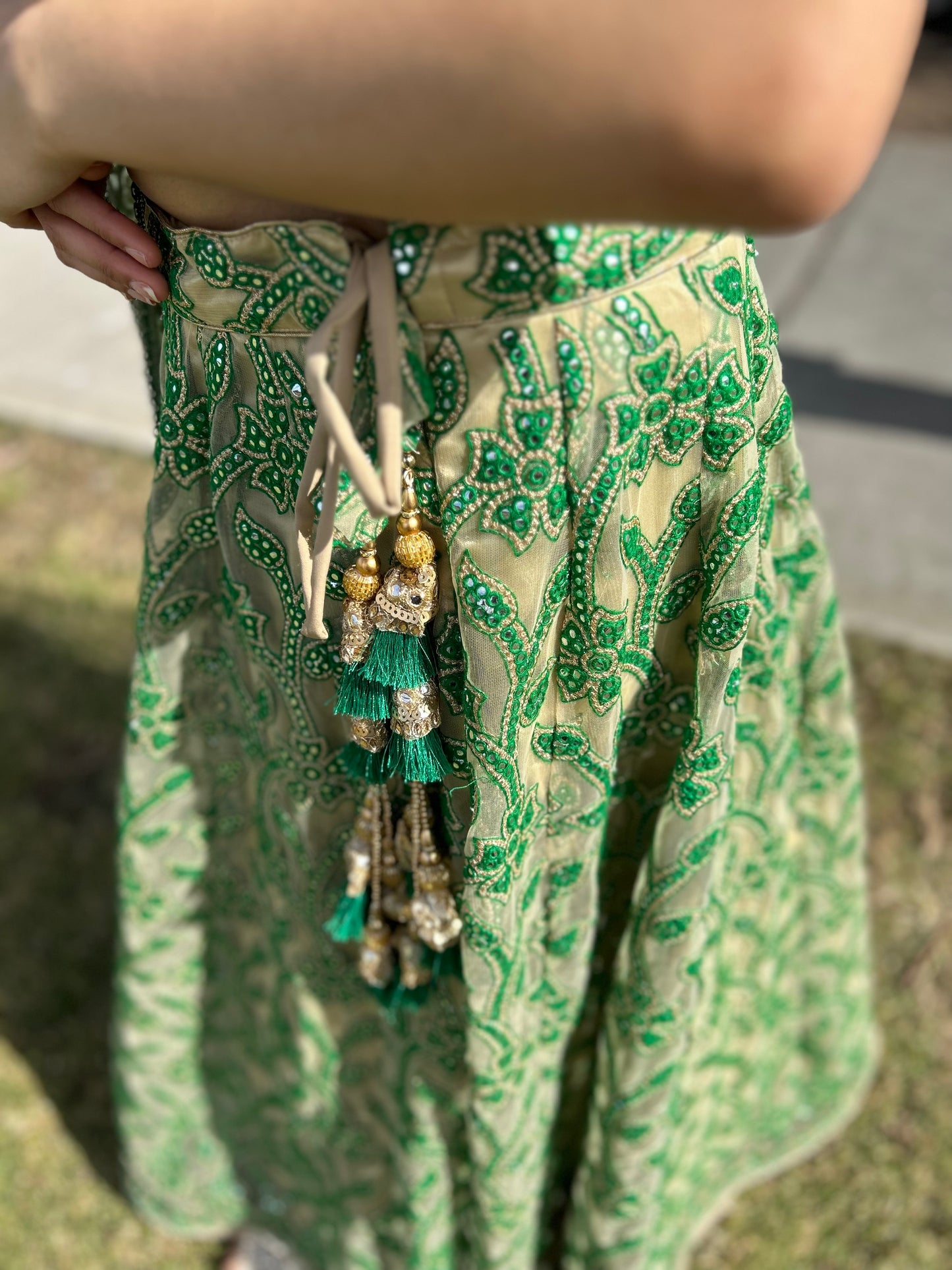 Green and Beige Net Lehenga with Blouse and Net Dupatta