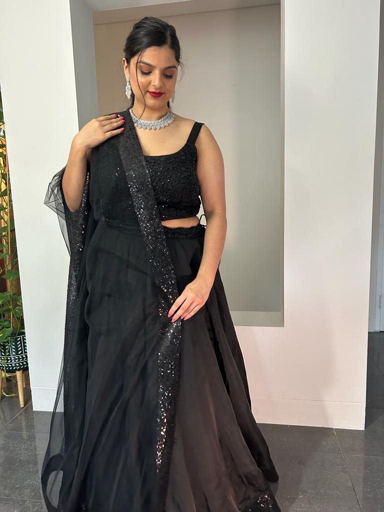 Black Lehenga with Black Sequin Blouse and Net Dupatta