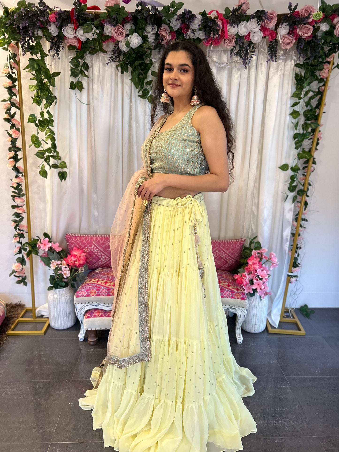 Light Lemon Layered Lehenga with Heavy blouse and Net Dupatta