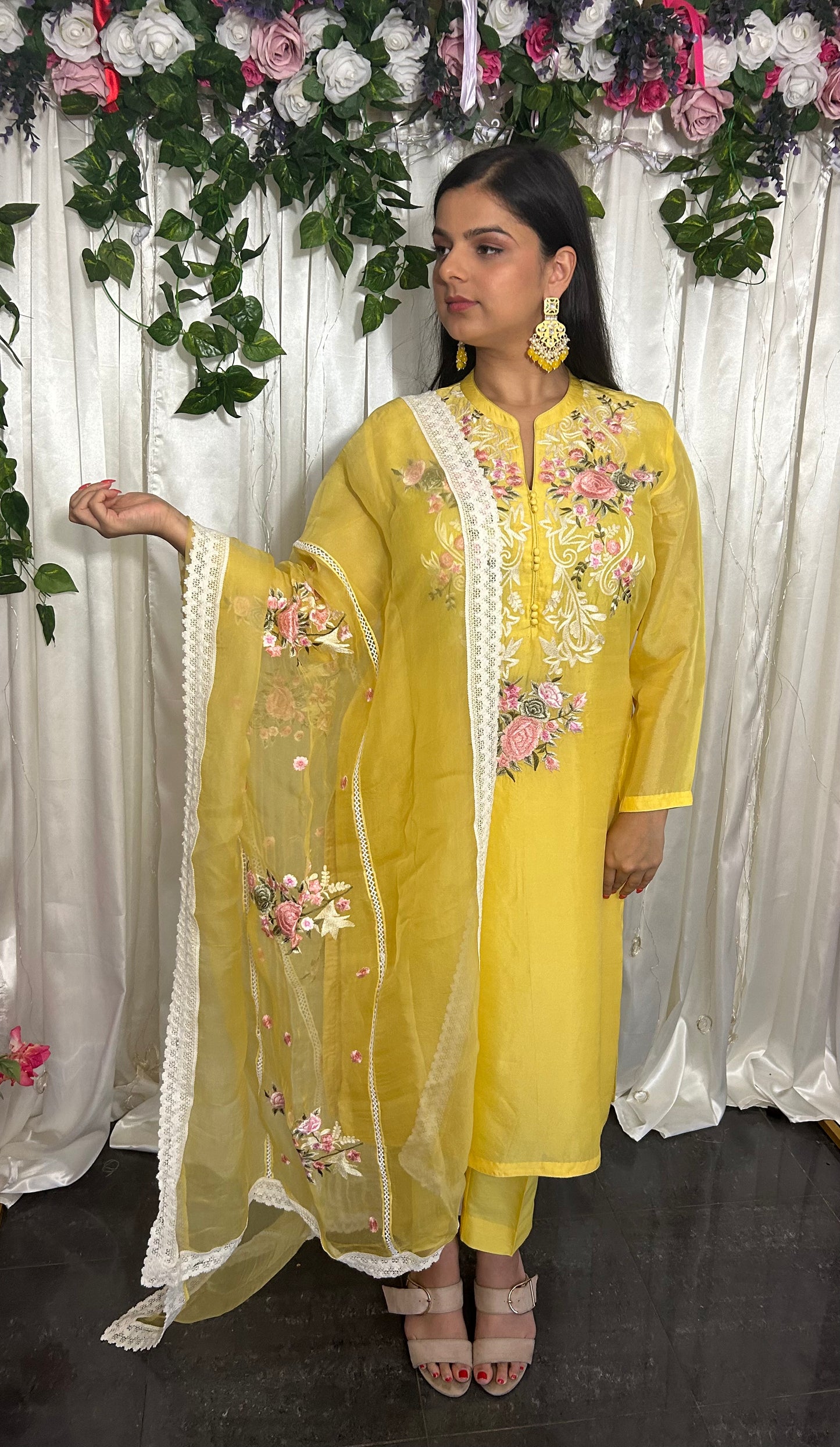 Yellow Embroidery Suit with straight pants and embroidery  Dupatta (Customisable)