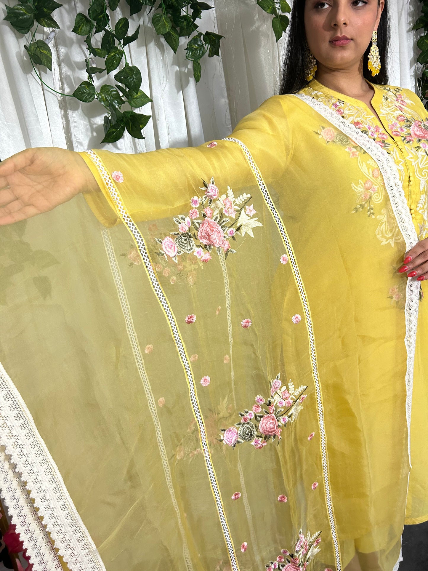 Yellow Embroidery Suit with straight pants and embroidery  Dupatta (Customisable)