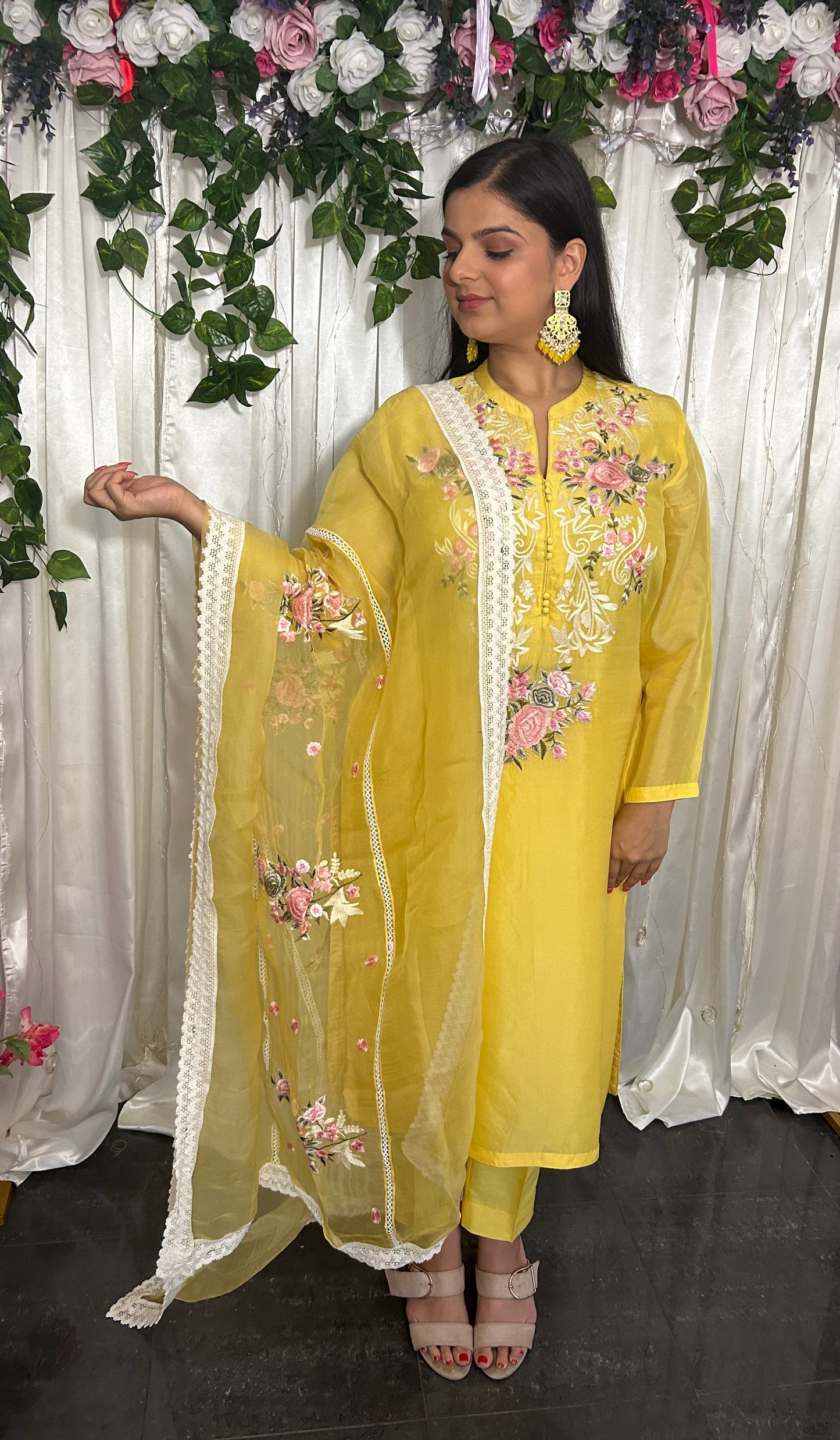 Yellow Embroidery Suit with straight pants and embroidery  Dupatta (Customisable)