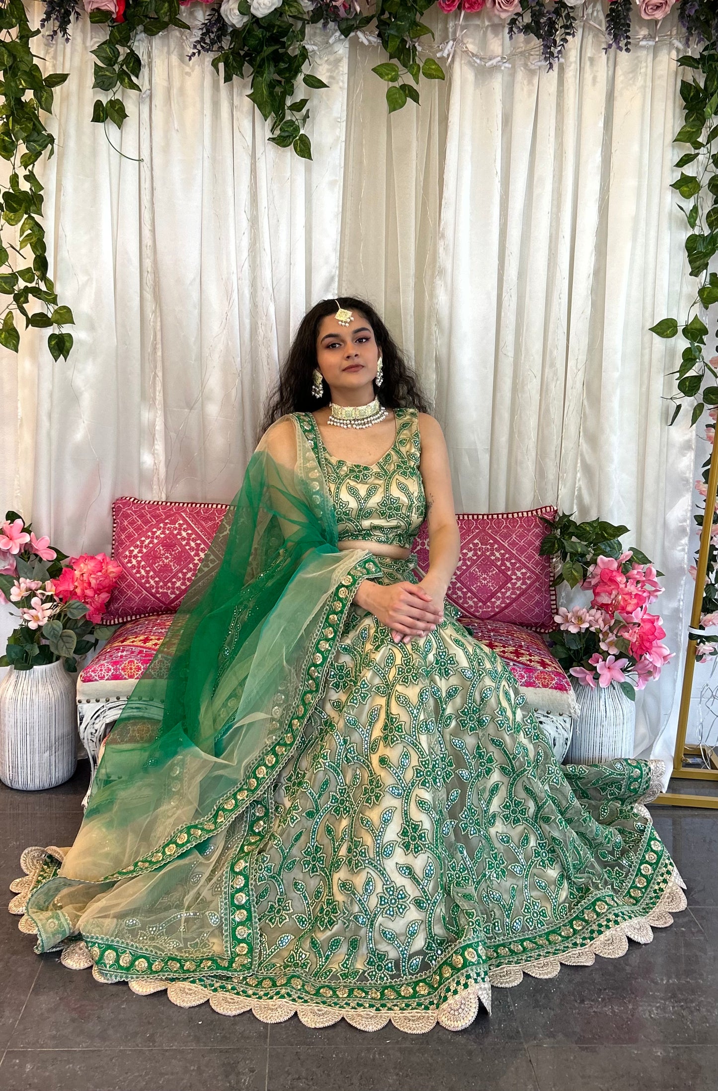 Green and Beige Net Lehenga with Blouse and Net Dupatta