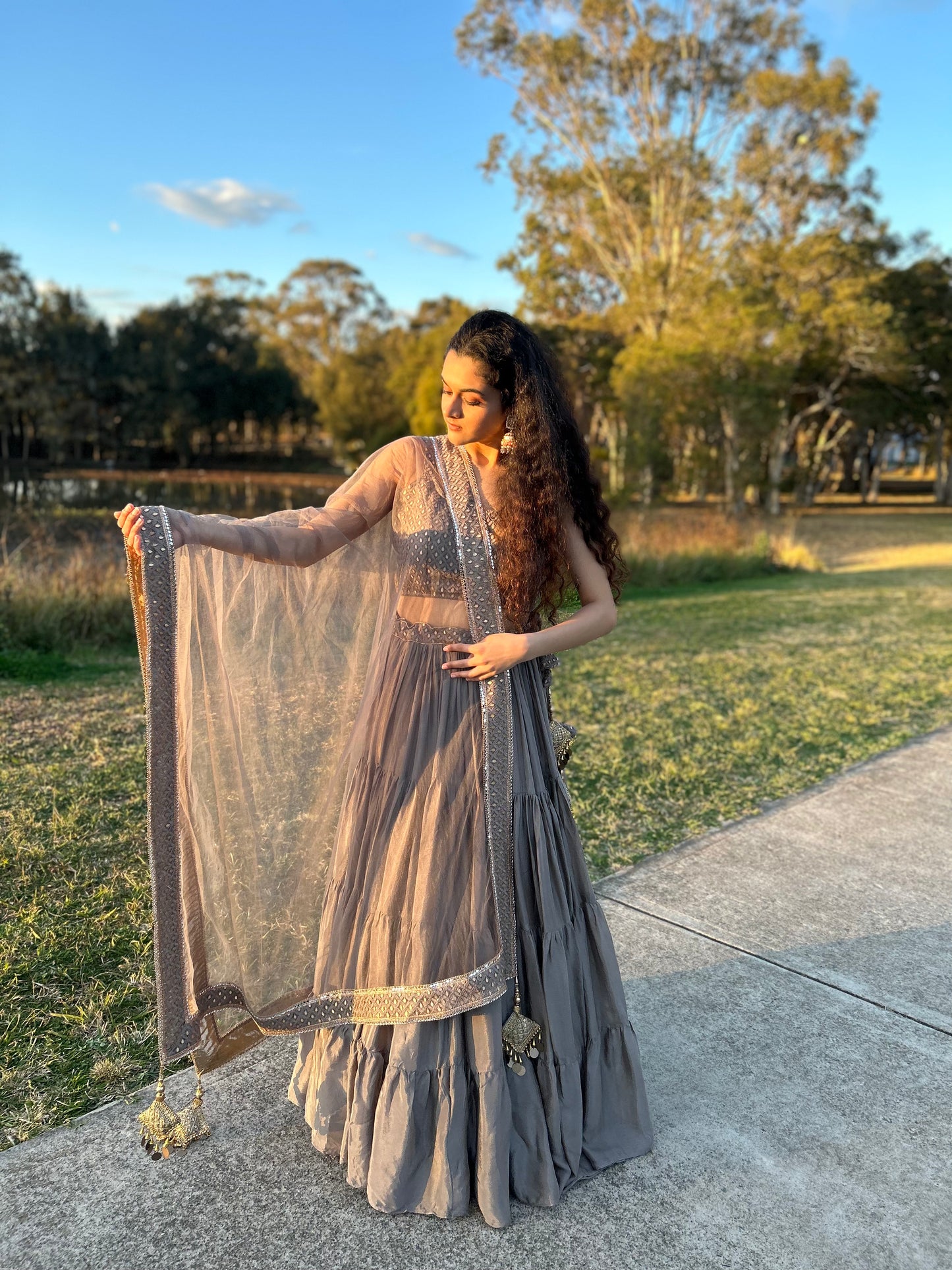 Taupe Colour Layered Lehenga with Heavy Blouse and Net Dupatta