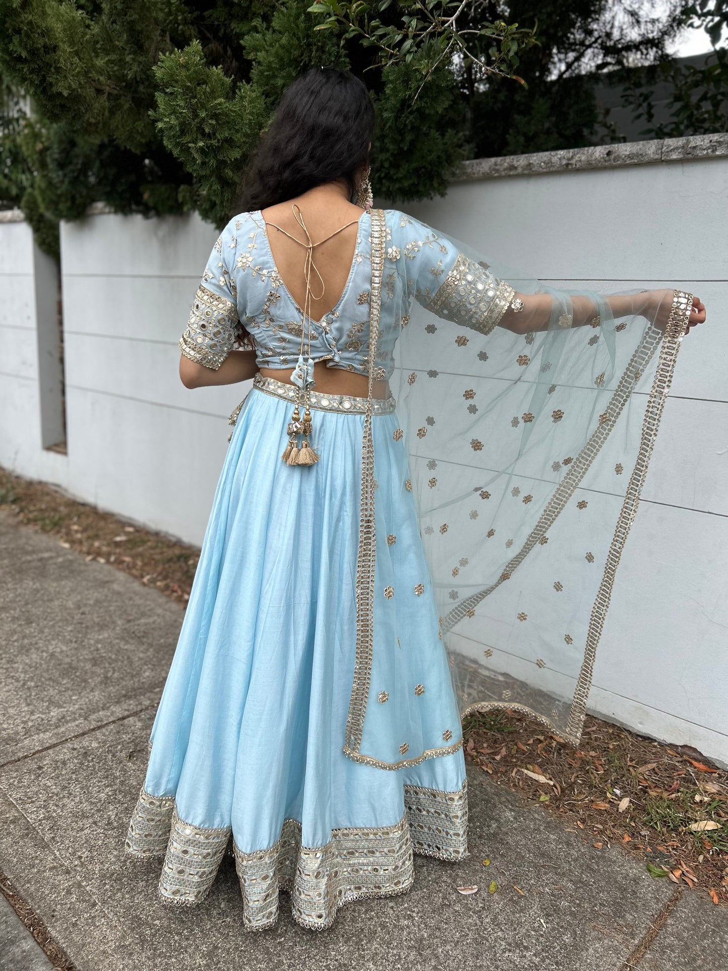 Powder Blue Lehenga with heavy Blouse and Net Dupatta