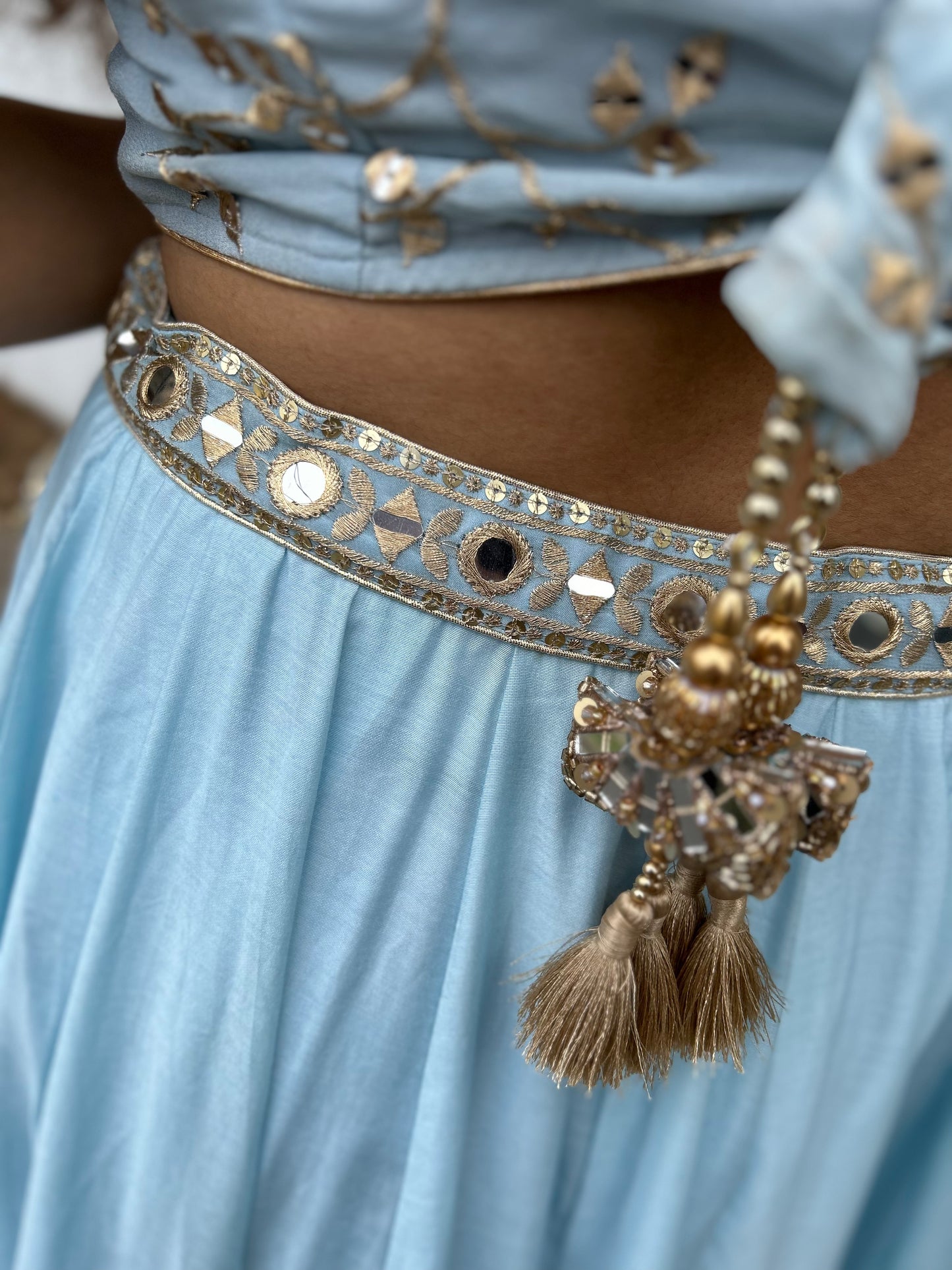 Powder Blue Lehenga with heavy Blouse and Net Dupatta