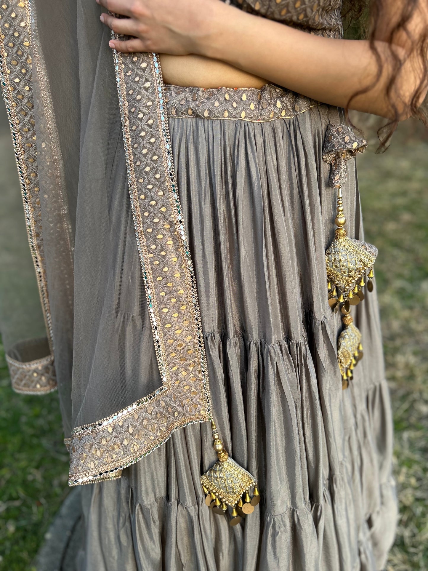 Taupe Colour Layered Lehenga with Heavy Blouse and Net Dupatta