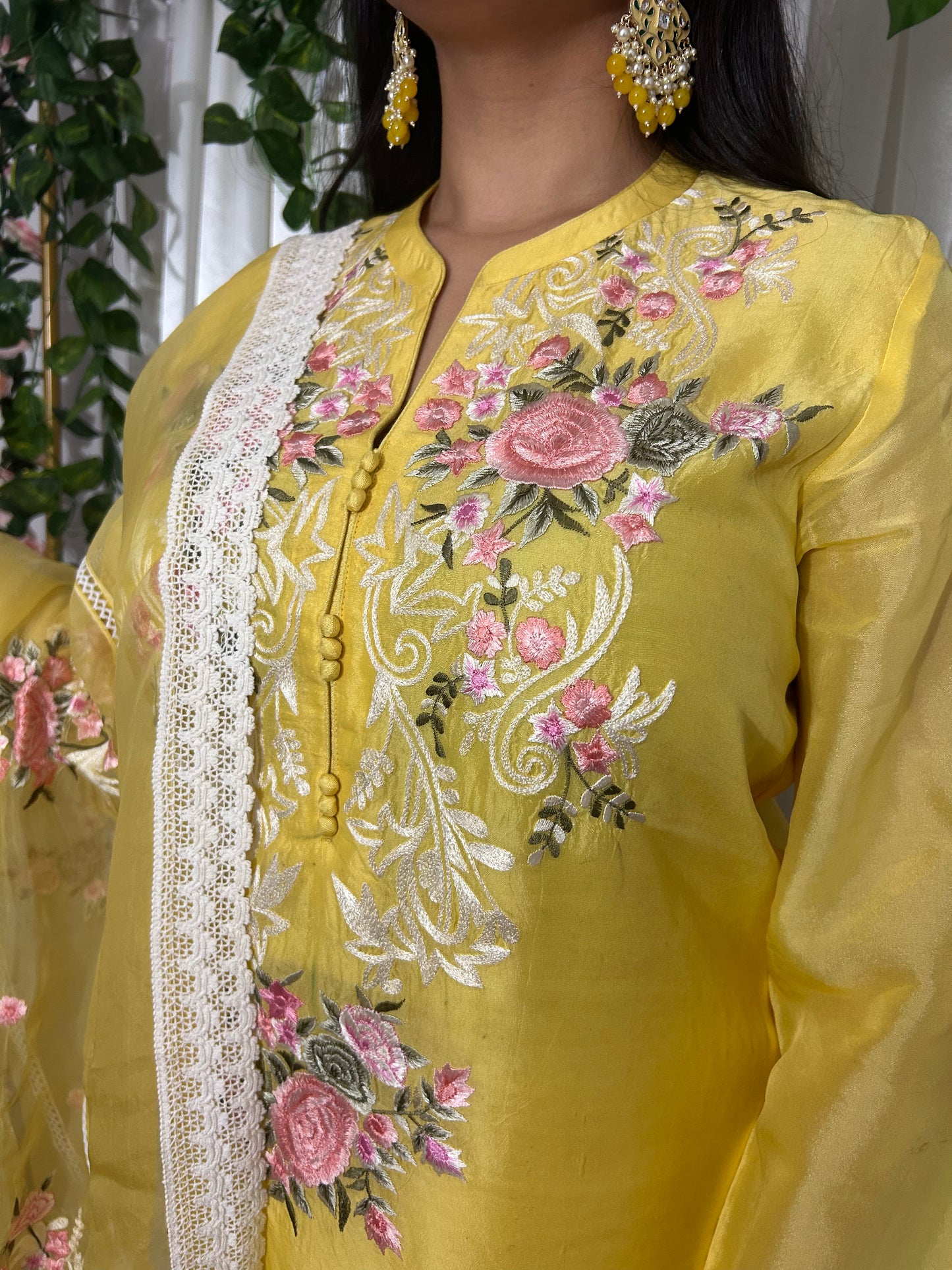 Yellow Embroidery Suit with straight pants and embroidery  Dupatta (Customisable)