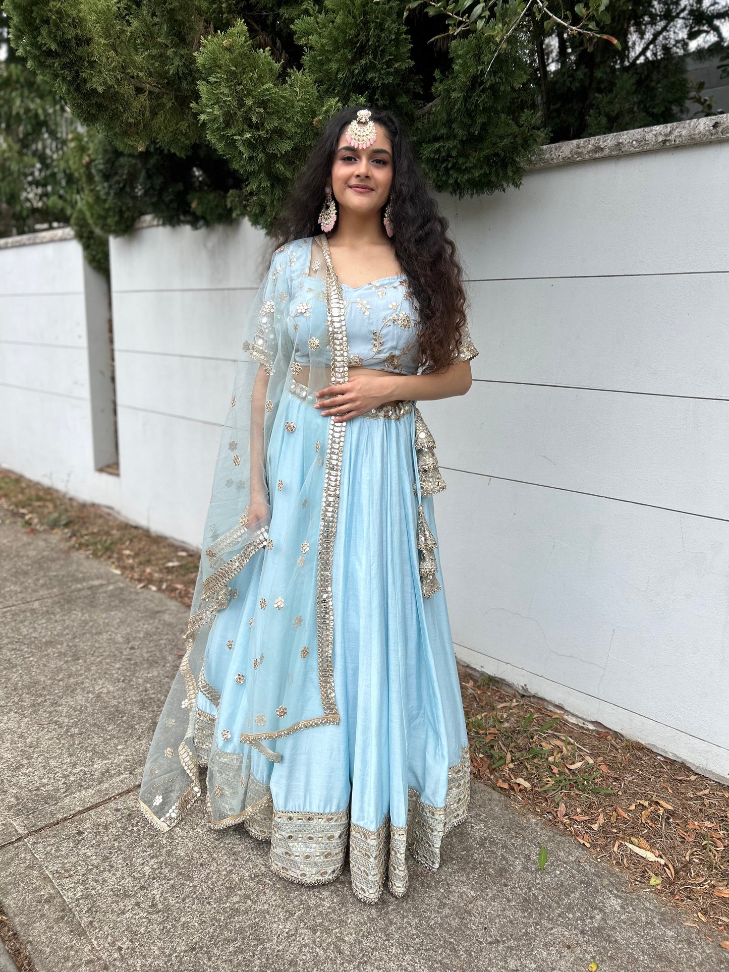 Powder Blue Lehenga with heavy Blouse and Net Dupatta