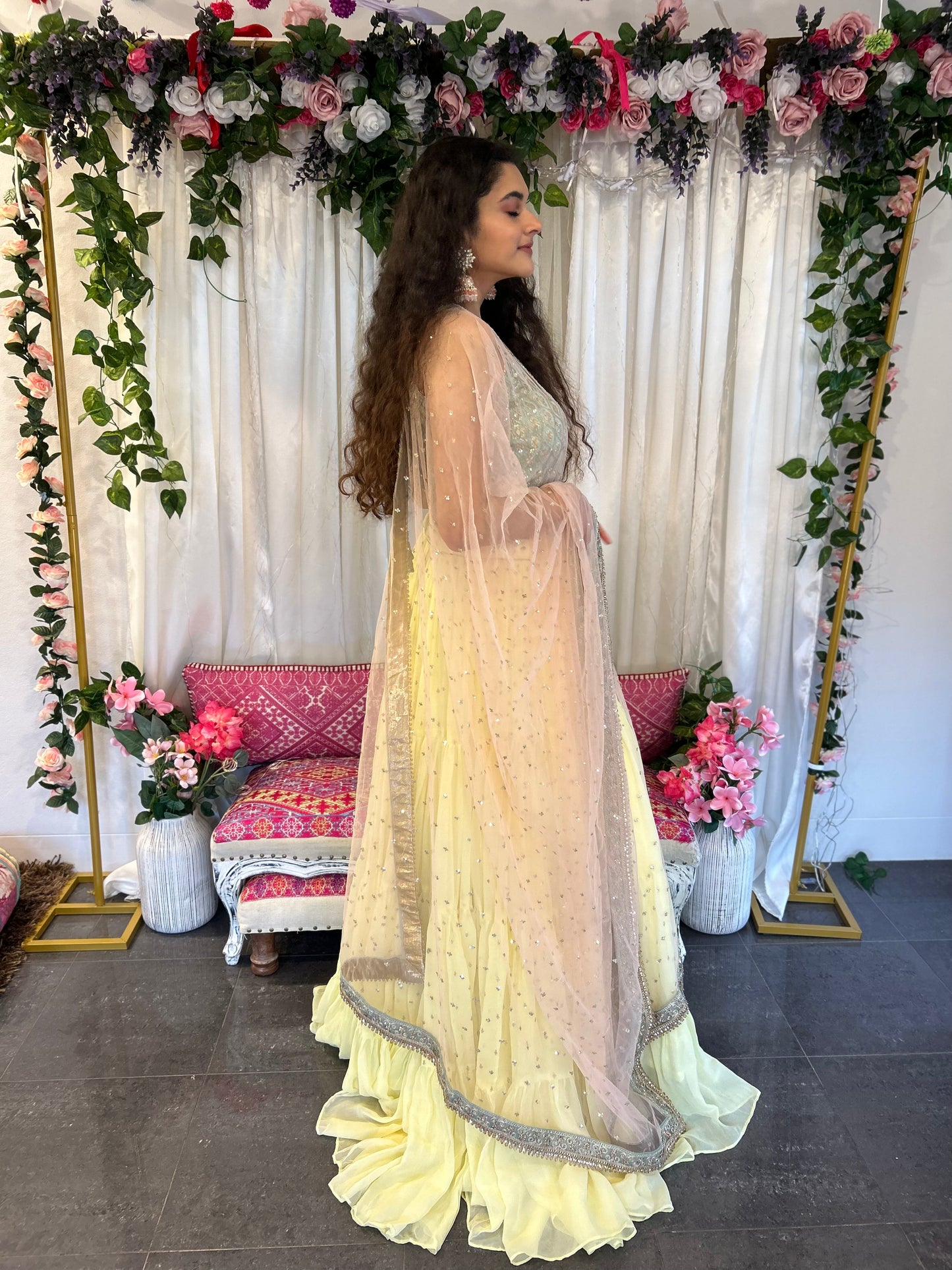 Light Lemon Layered Lehenga with Heavy blouse and Net Dupatta
