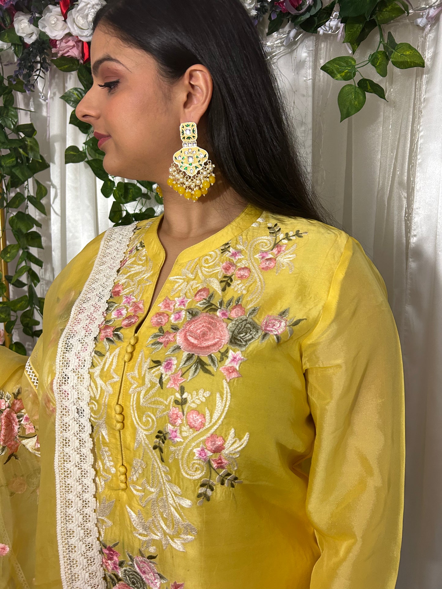 Yellow Embroidery Suit with straight pants and embroidery  Dupatta (Customisable)