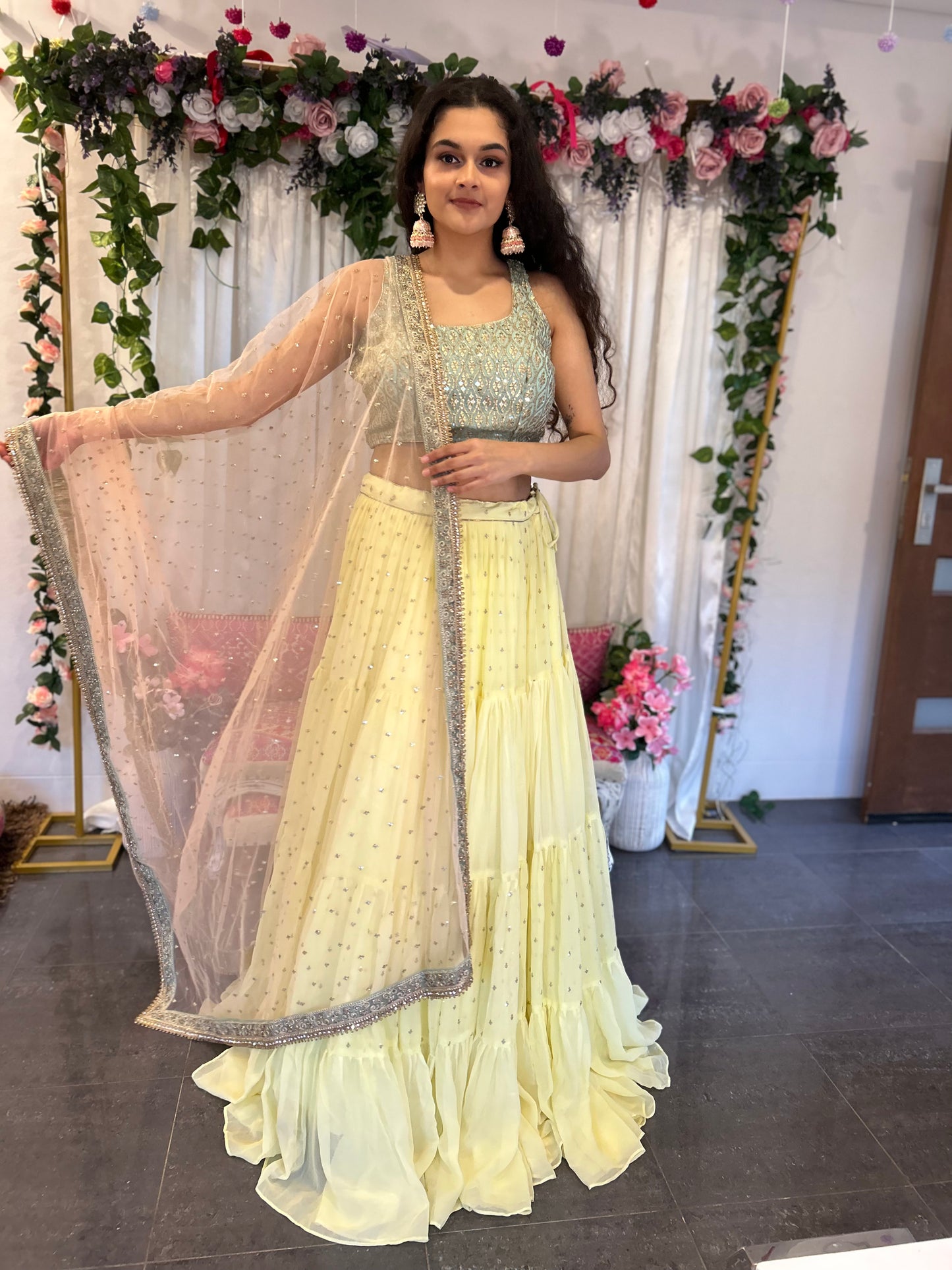 Light Lemon Layered Lehenga with Heavy blouse and Net Dupatta