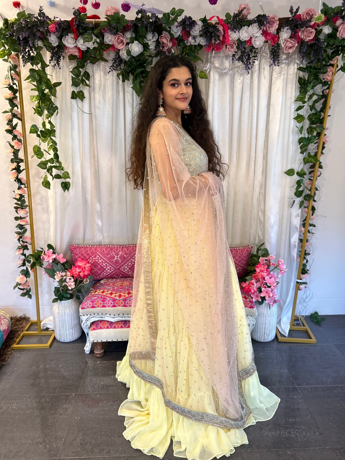 Light Lemon Layered Lehenga with Heavy blouse and Net Dupatta