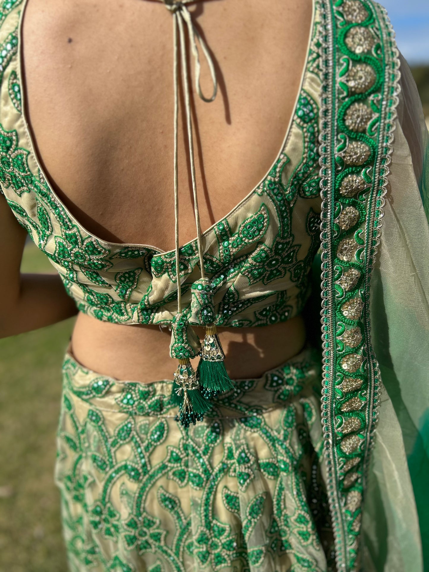 Green and Beige Net Lehenga with Blouse and Net Dupatta