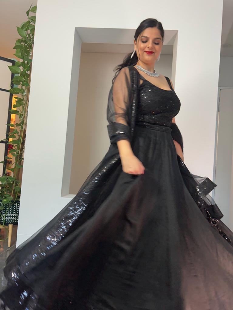 Black Lehenga with Black Sequin Blouse and Net Dupatta