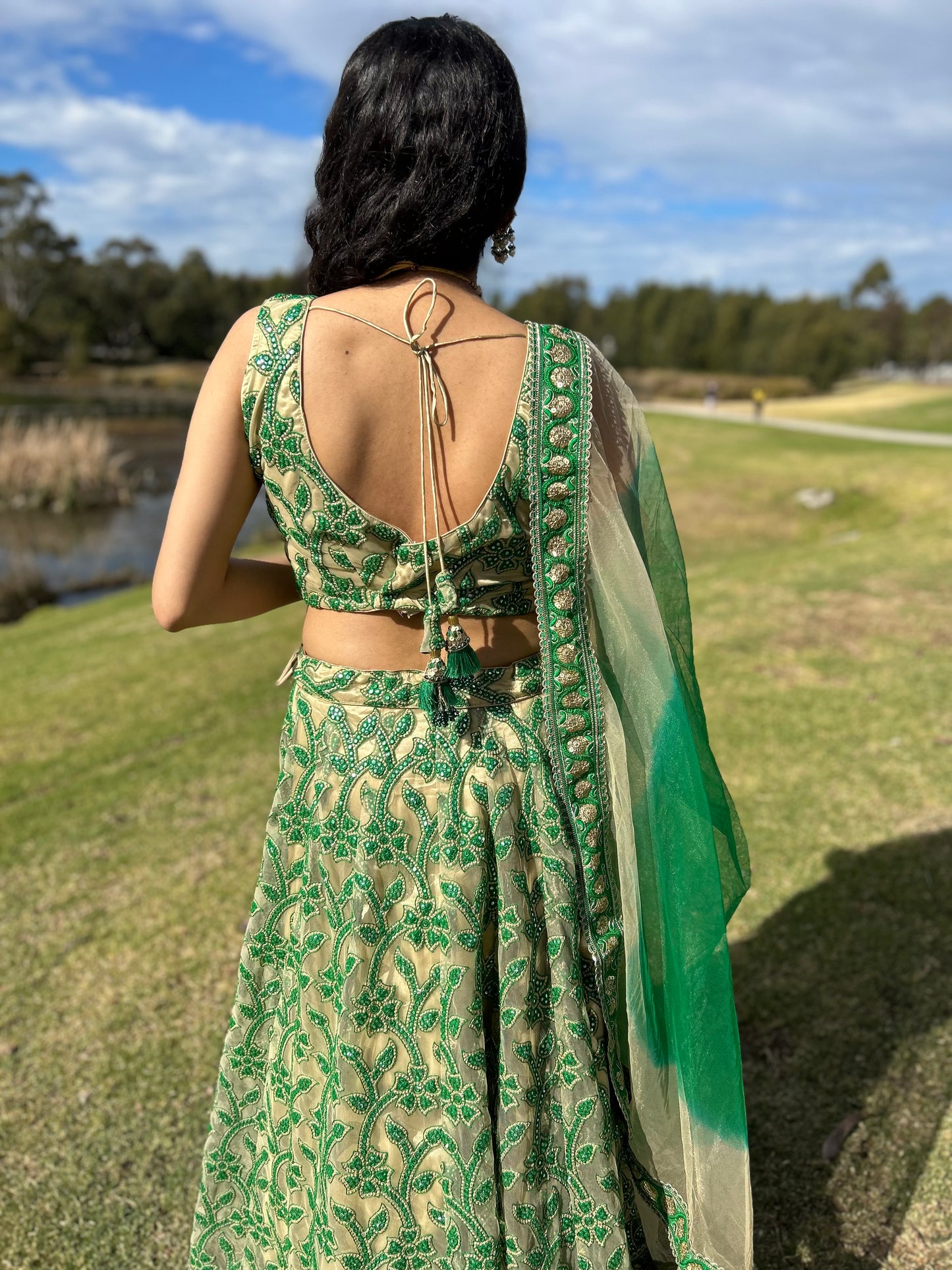 Green and Beige Net Lehenga with Blouse and Net Dupatta