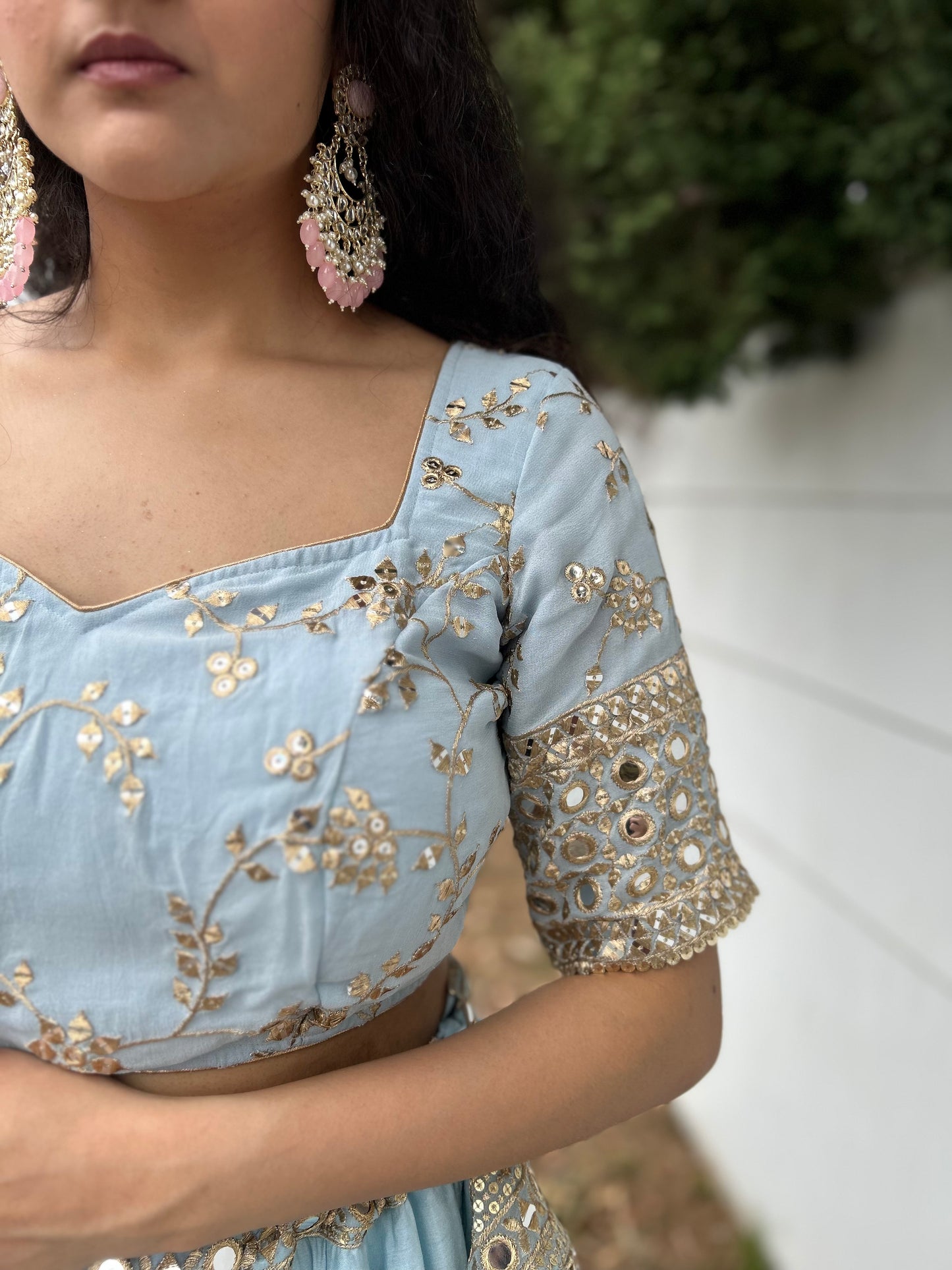 Powder Blue Lehenga with heavy Blouse and Net Dupatta