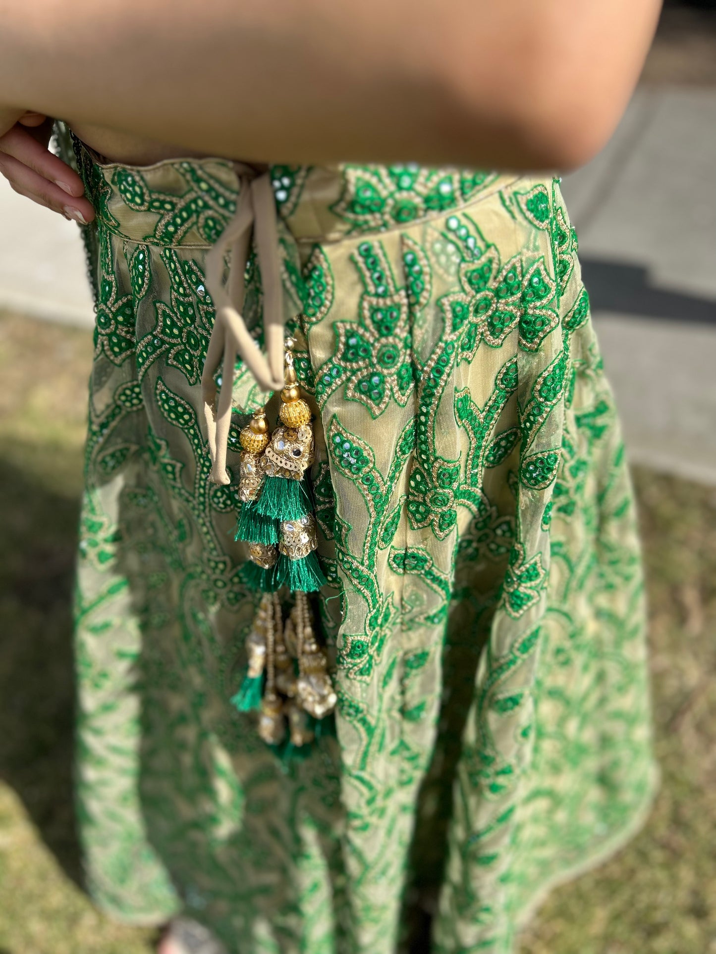 Green and Beige Net Lehenga with Blouse and Net Dupatta