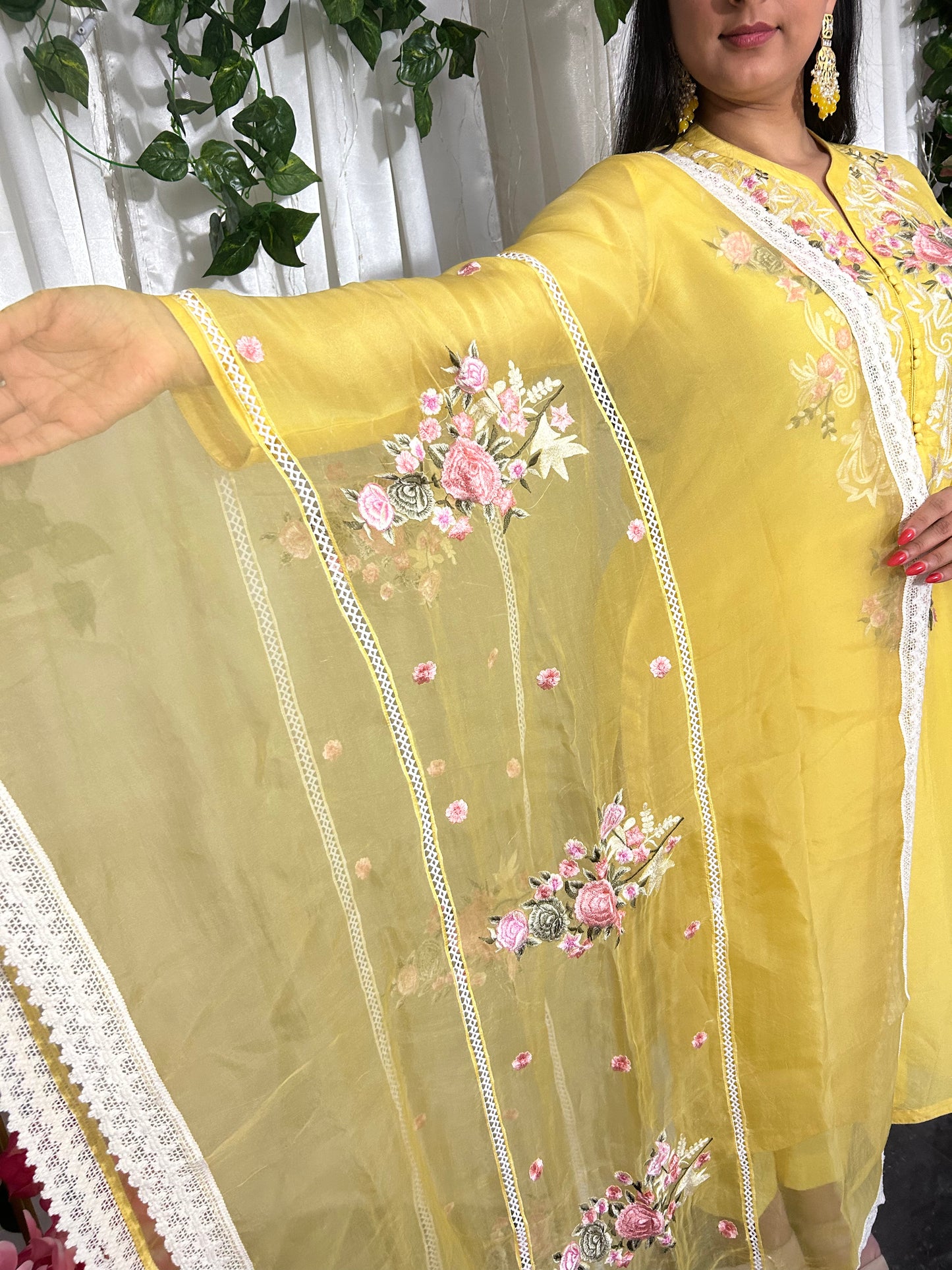 Yellow Embroidery Suit with straight pants and embroidery  Dupatta (Customisable)