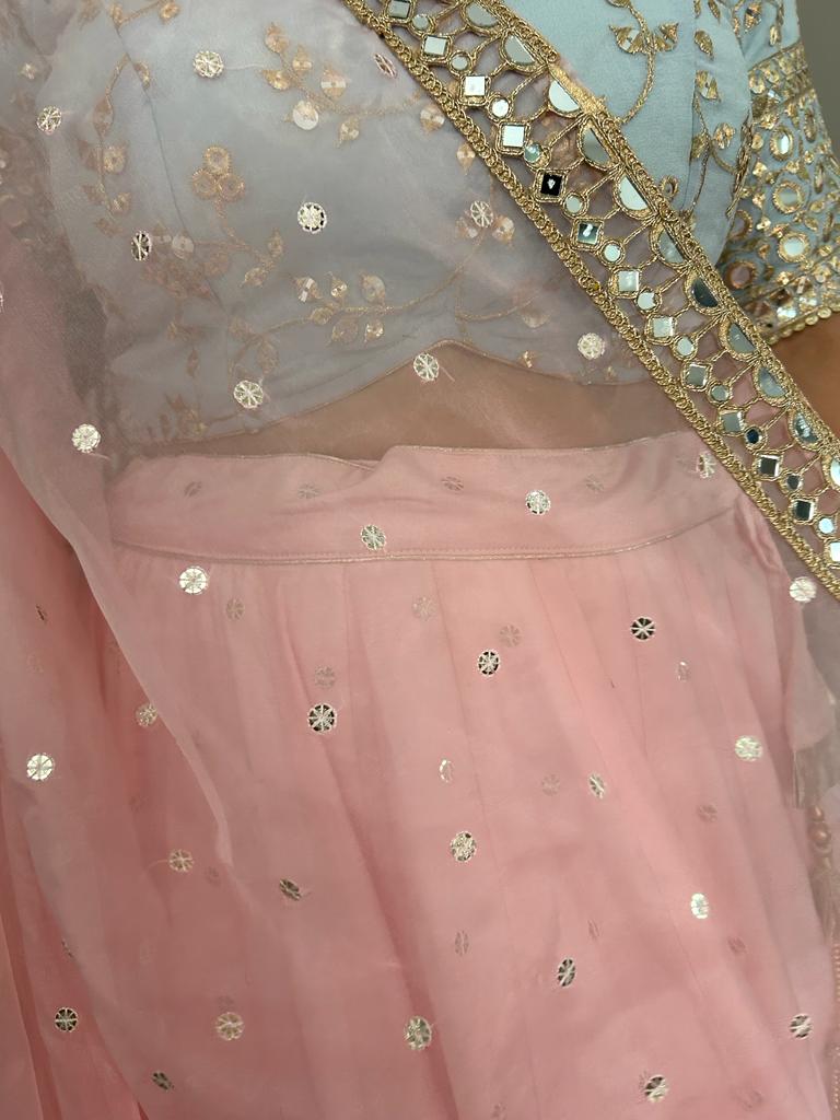 Pink Lehenga  with Powder Blue Blouse and Organza Dupatta