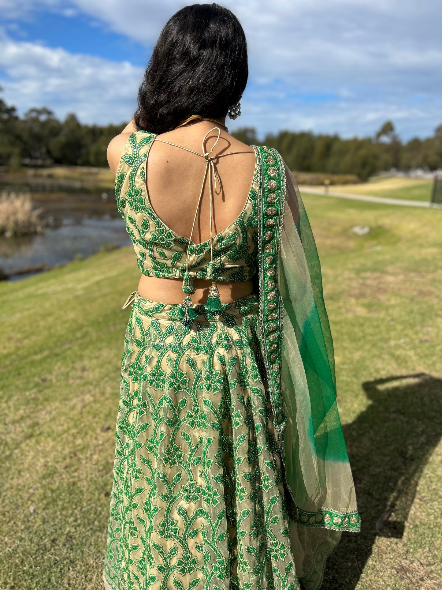 Green and Beige Net Lehenga with Blouse and Net Dupatta