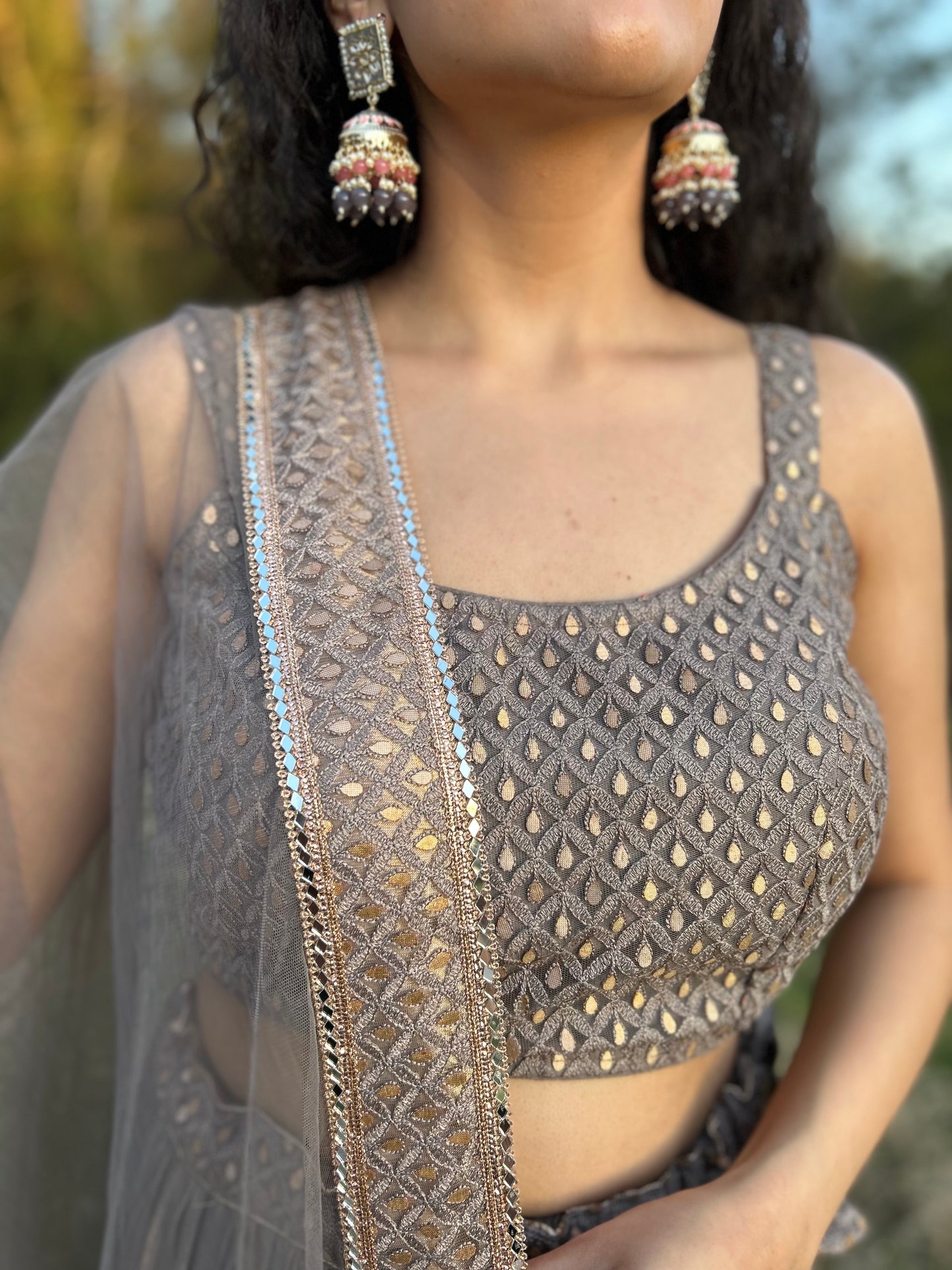 Taupe Colour Layered Lehenga with Heavy Blouse and Net Dupatta