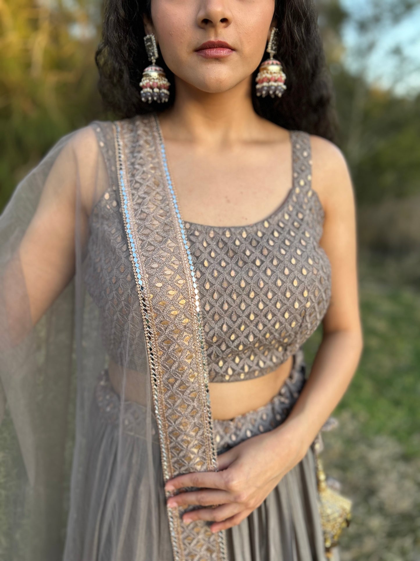 Taupe Colour Layered Lehenga with Heavy Blouse and Net Dupatta