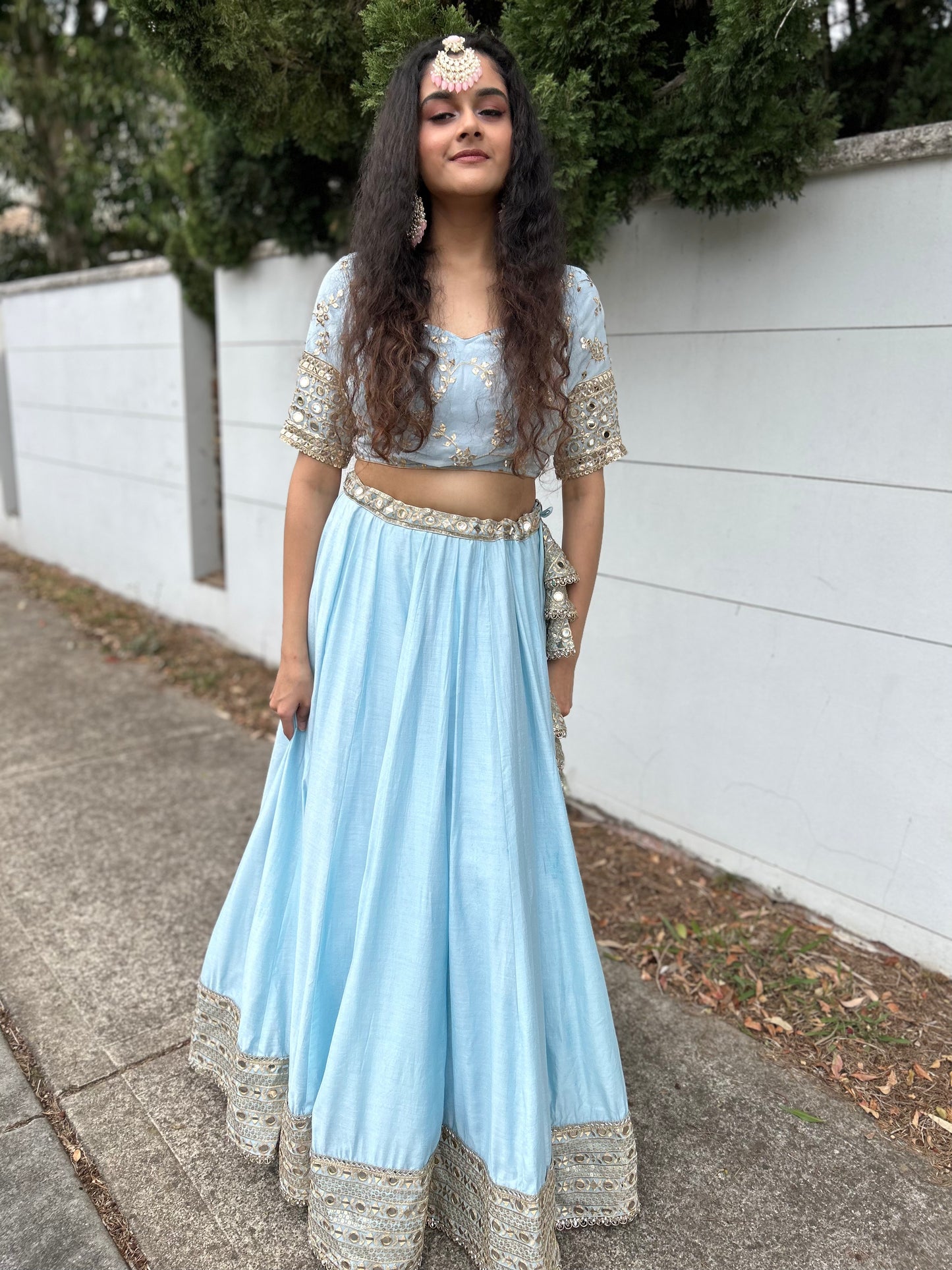 Powder Blue Lehenga with heavy Blouse and Net Dupatta