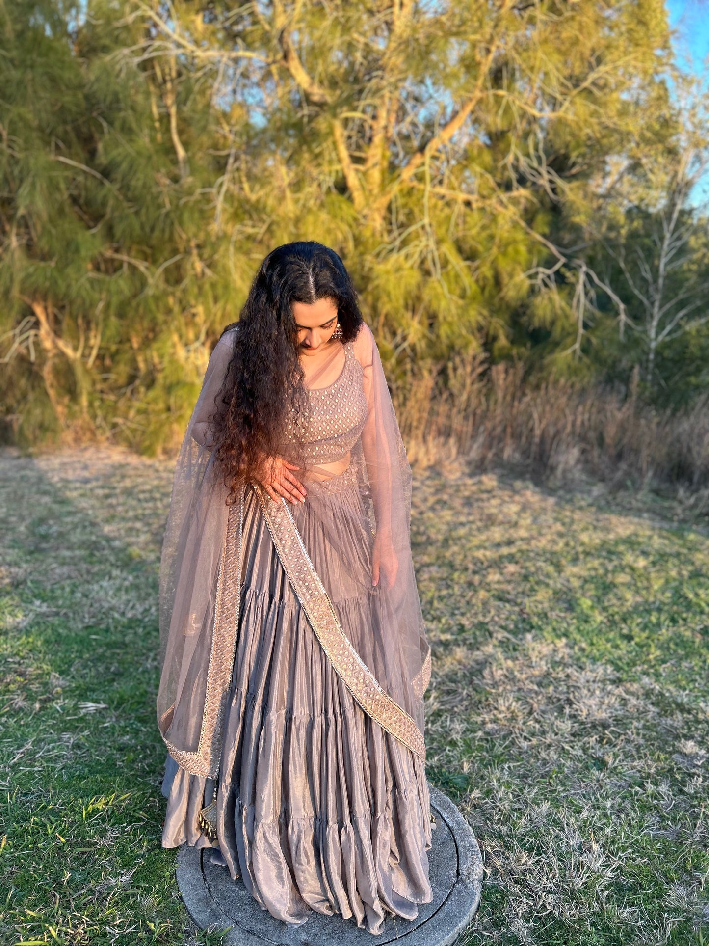 Taupe Colour Layered Lehenga with Heavy Blouse and Net Dupatta