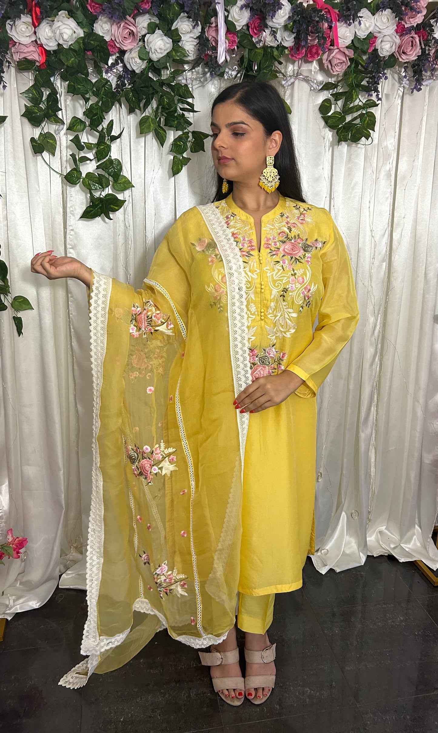 Yellow Embroidery Suit with straight pants and embroidery  Dupatta (Customisable)