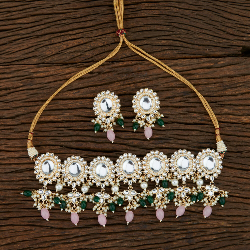 Choker Necklace Set with Gold-Tone Finish in Light Pink and Green