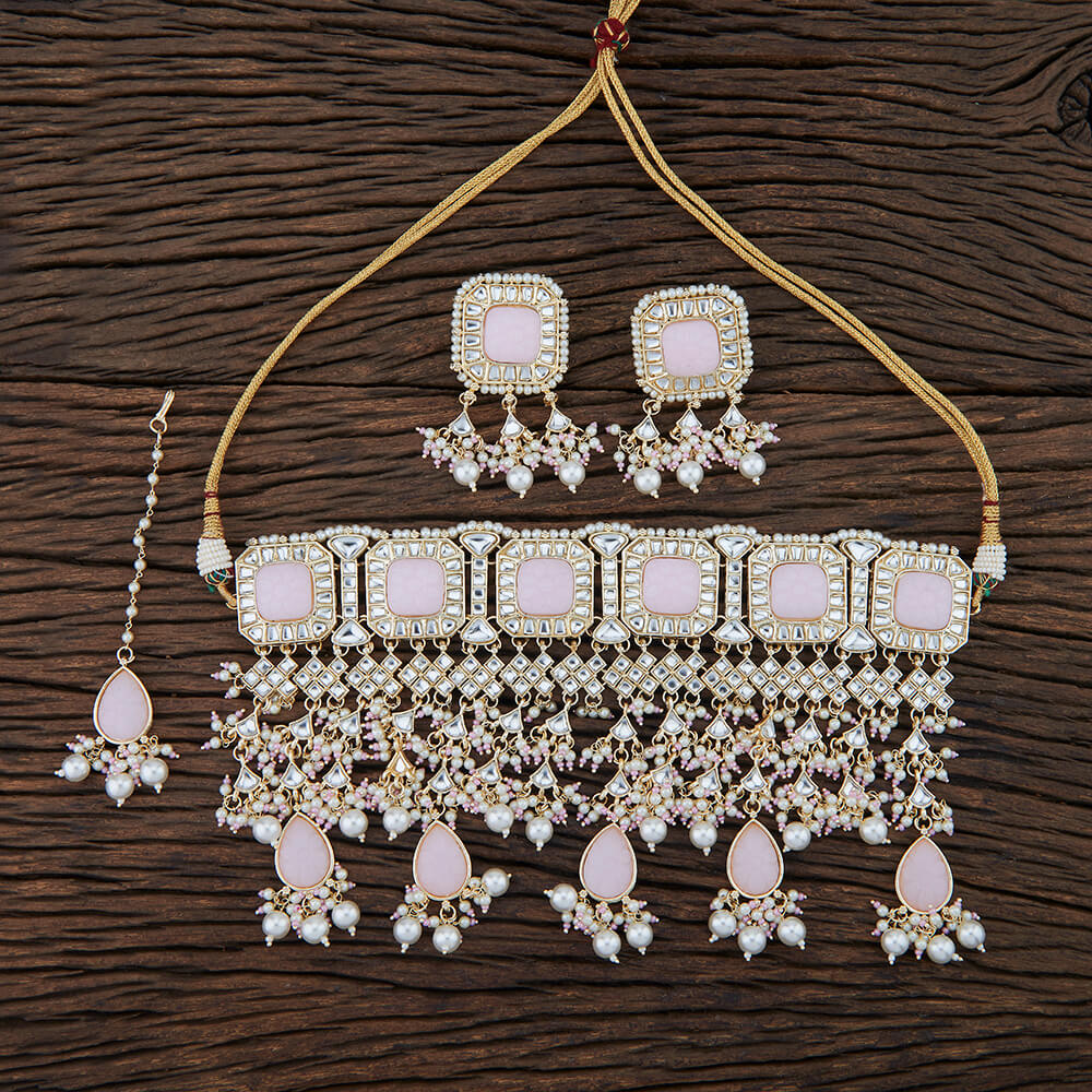 Choker Necklace set With tikka in light pink