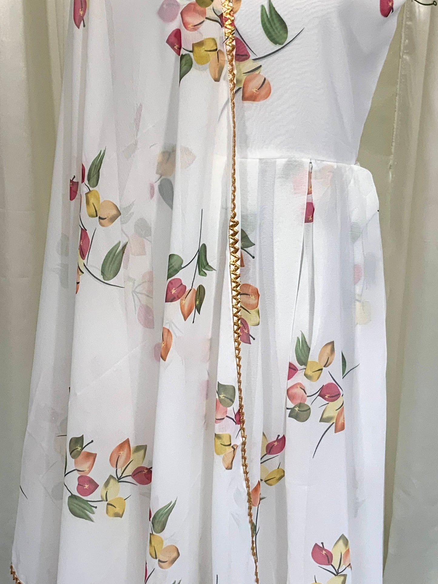 White Printed Gown with Dupatta