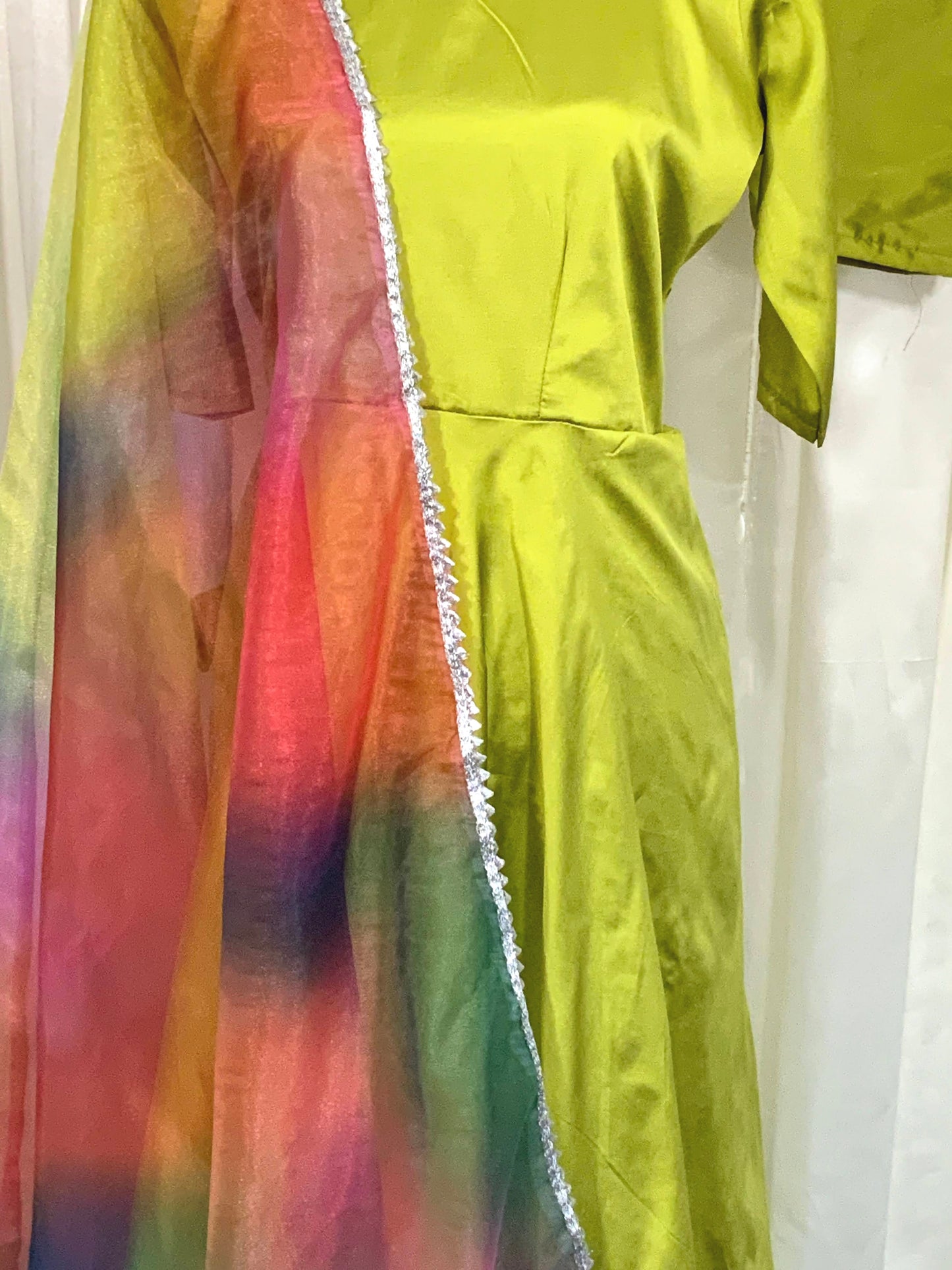 Neon Lime Green Gown with Colourful Dupatta