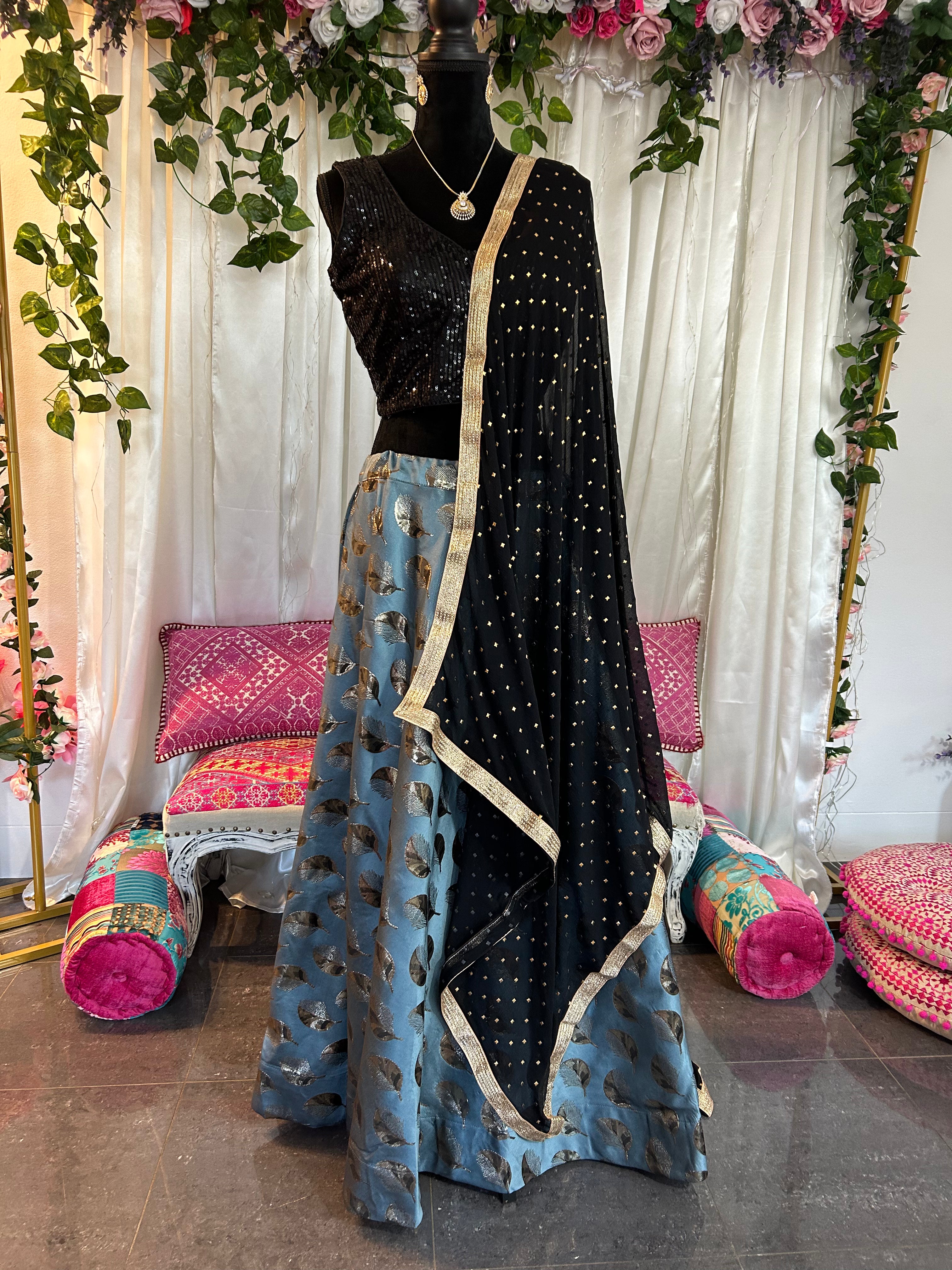 Grey Lehenga with Black Sequin Blouse and Black Dupatta